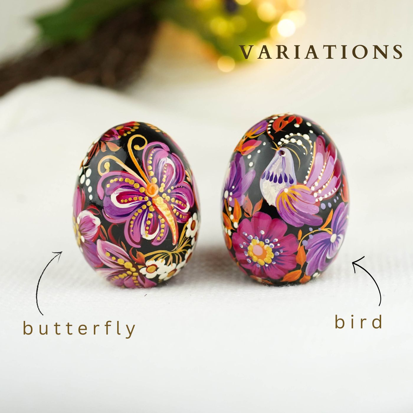 Hand-painted purple bird Easter egg carved from wood