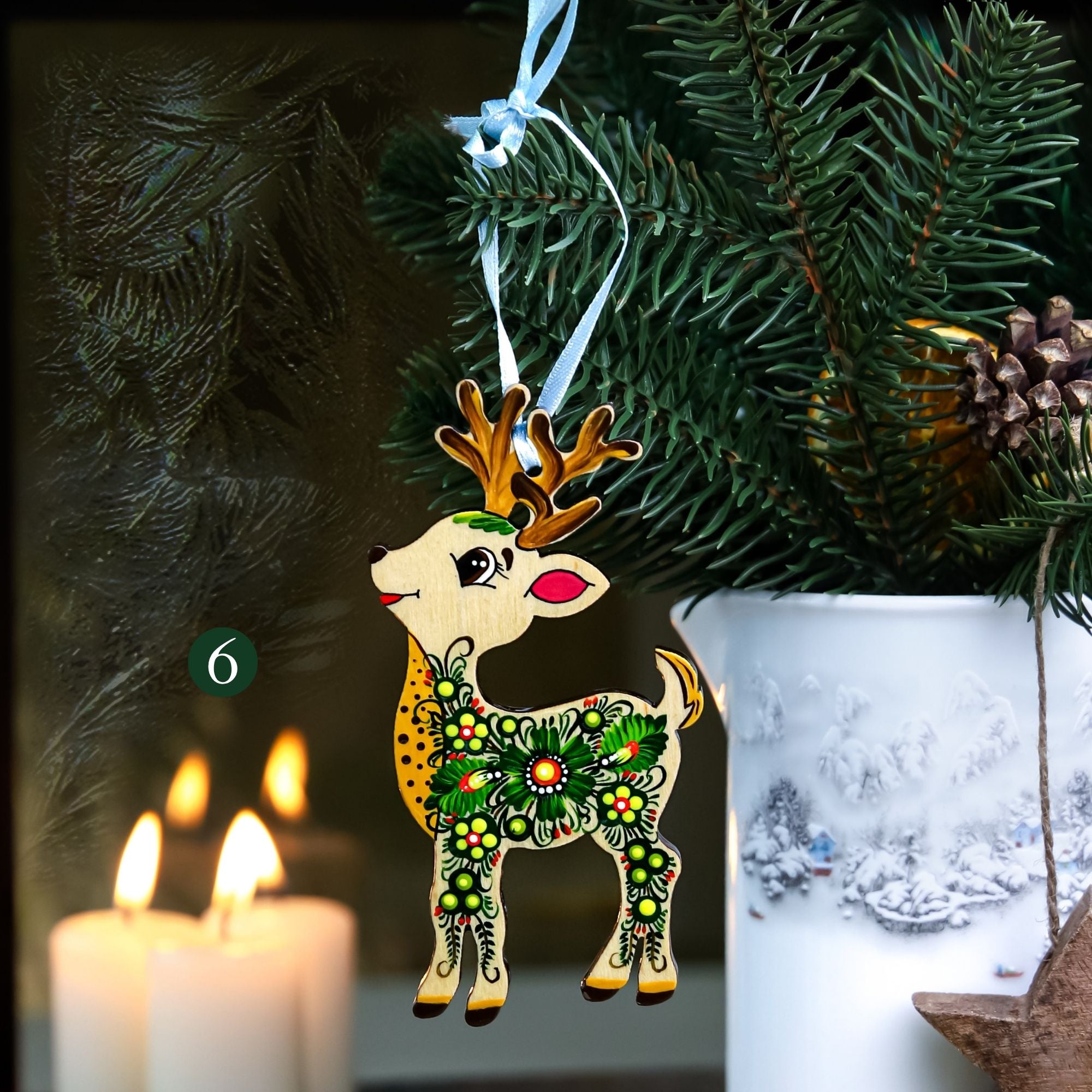 Hand-painted Wooden Deer Christmas Ornament with Petrykivka Art
