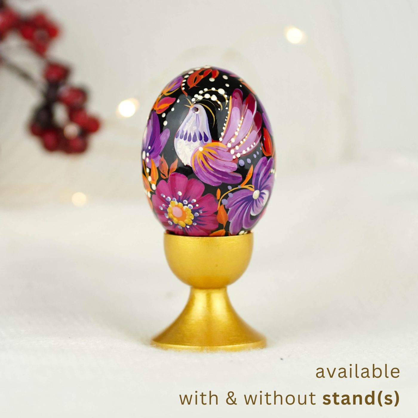 Hand-painted purple bird Easter egg carved from wood