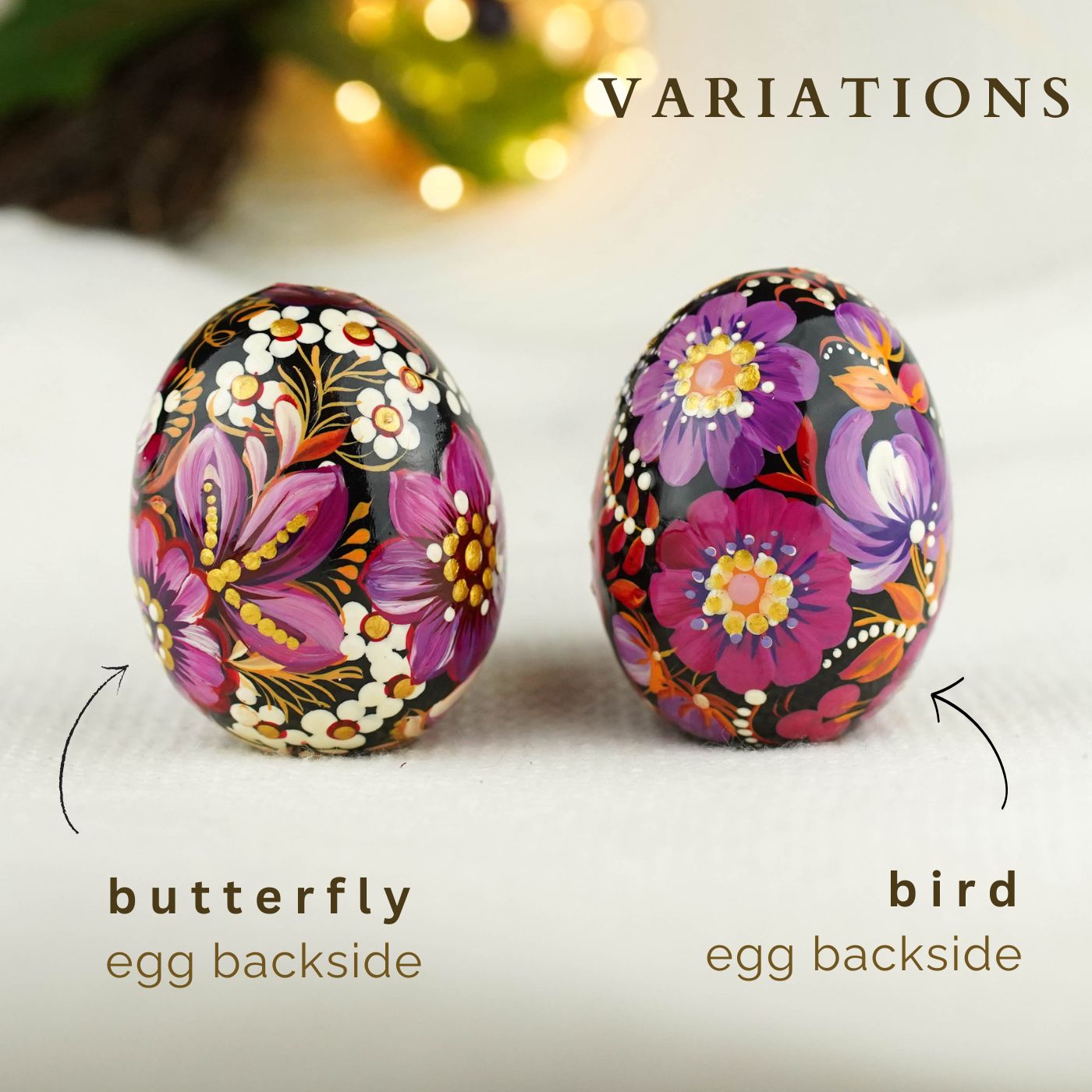 Hand-painted purple bird Easter egg carved from wood