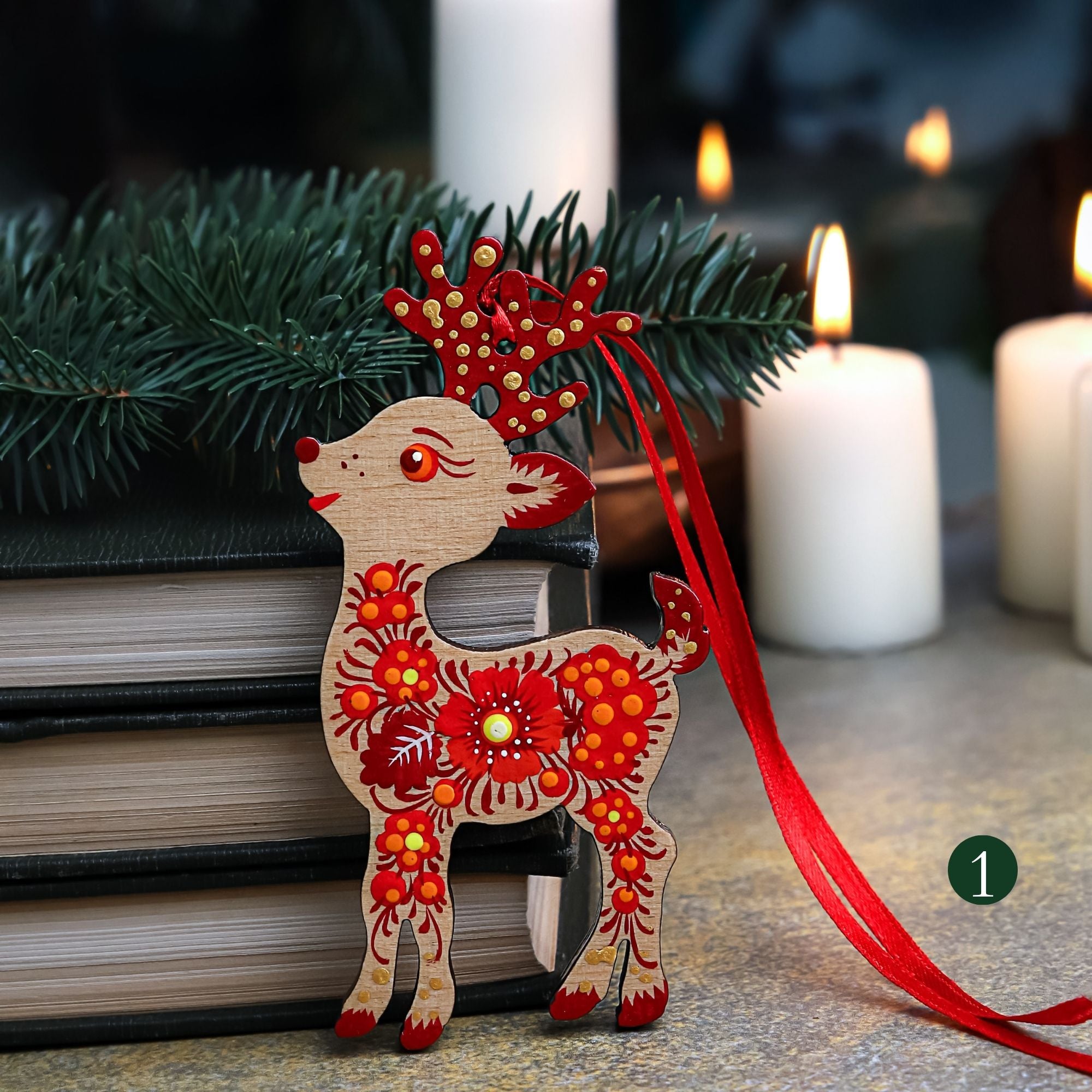 Hand-painted Wooden Deer Christmas Ornament with Petrykivka Art