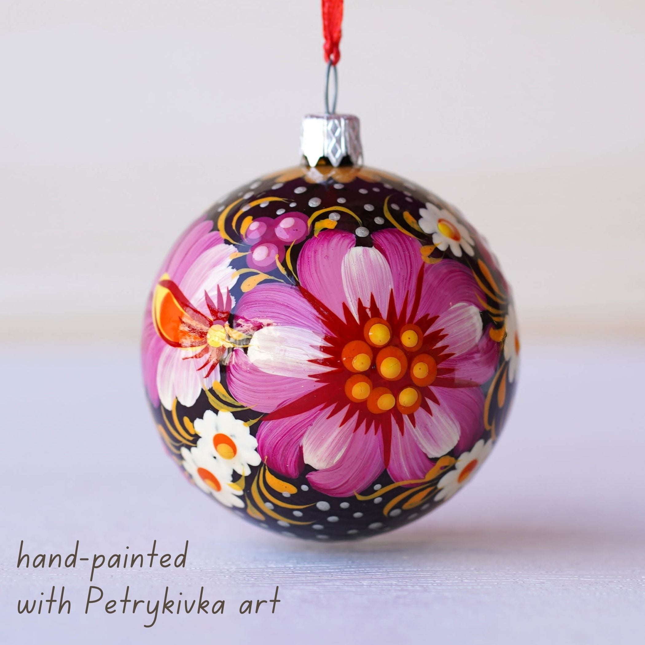 Christmas Ornament Set, Hand-painted Ukrainian Christmas Ball Ornaments 2.4 in with Petrykivka art, Unique Pink Flower Tree Decorations Set