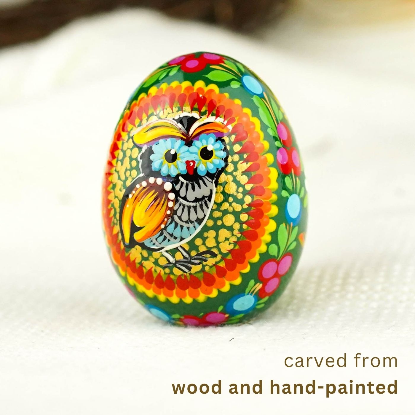 Wooden Owl Easter egg - Hand-painted Easter egg decoration