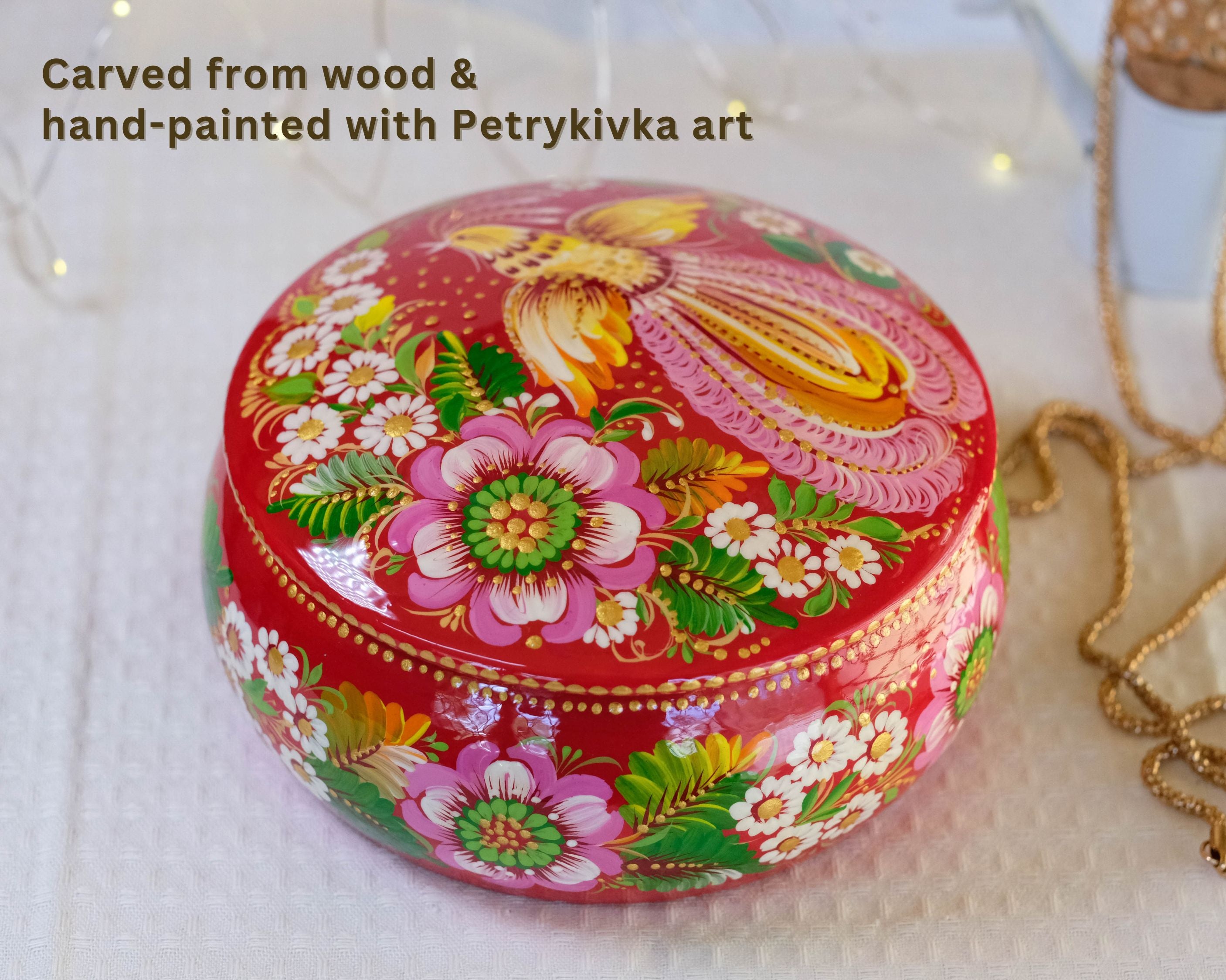 Hand-painted Wooden Jewelry Box - 5.1 in Petrykivka Art, Round Red Flower Trinket Box with Fairy Bird