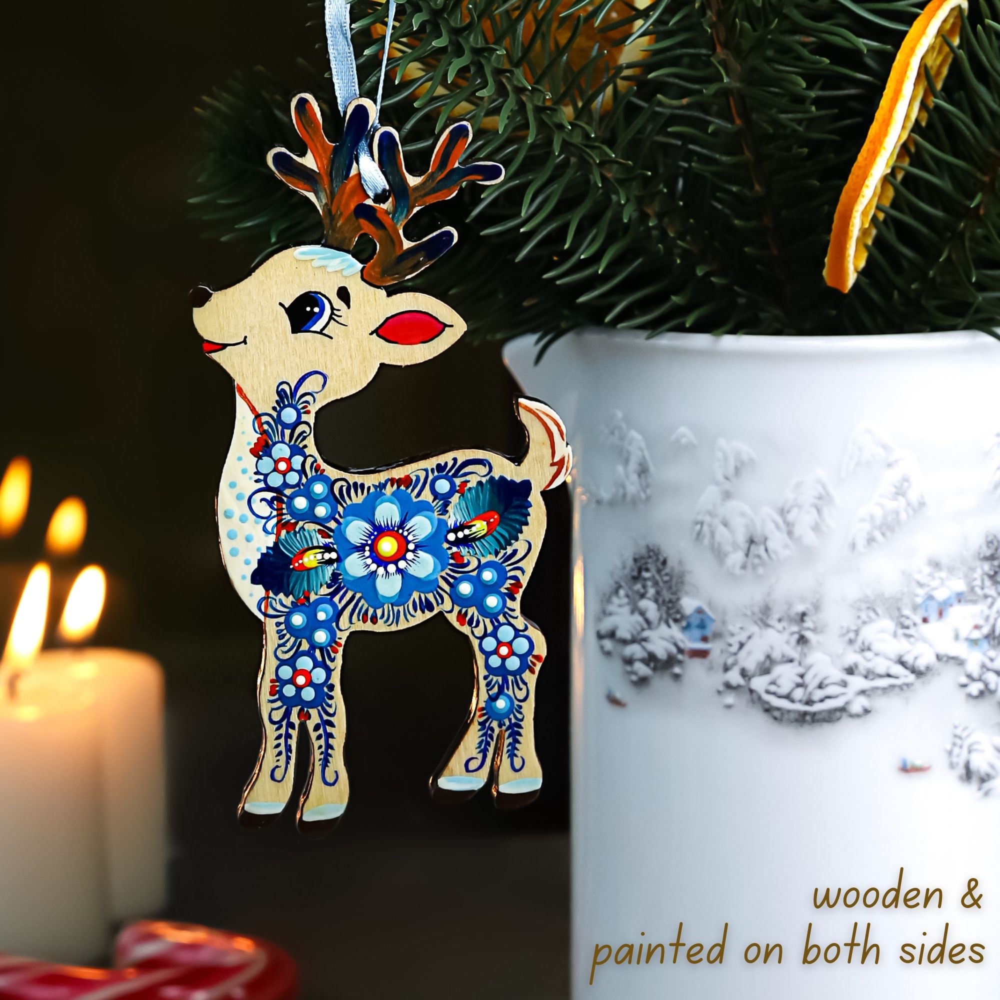 Set of 7 Hand-painted Wooden Deer Christmas Ornaments with Petrykivka Art