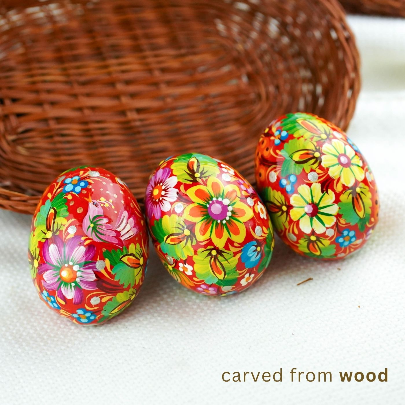 Set of 3 hand-painted wooden bird Easter eggs