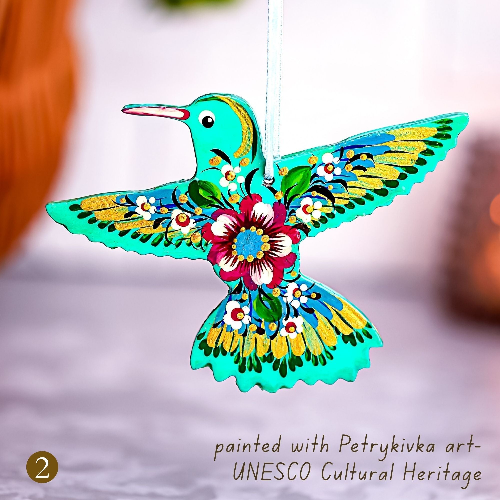 Hand-painted Wooden Hummingbird Christmas Ornament with Petrykivka Art
