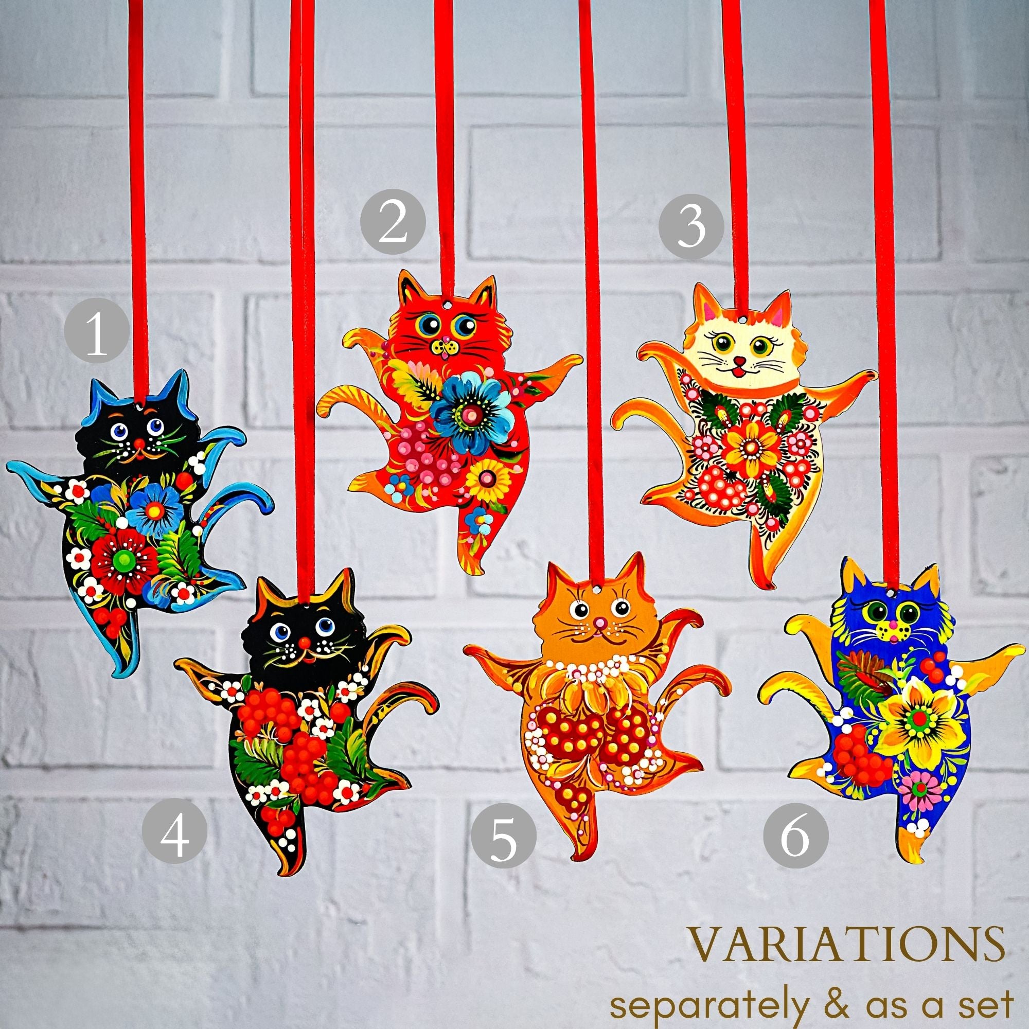 Hand-painted Wooden Dancing Cat Christmas Ornament with Petrykivka Art