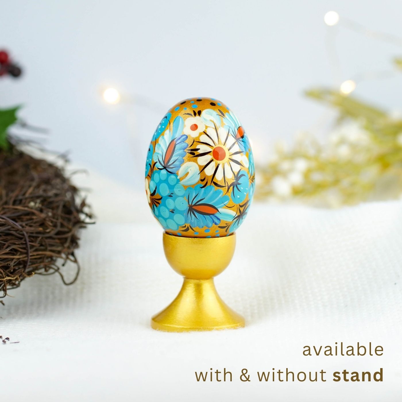 Hand-painted wooden Easter egg - Blue flower Petrykivka egg