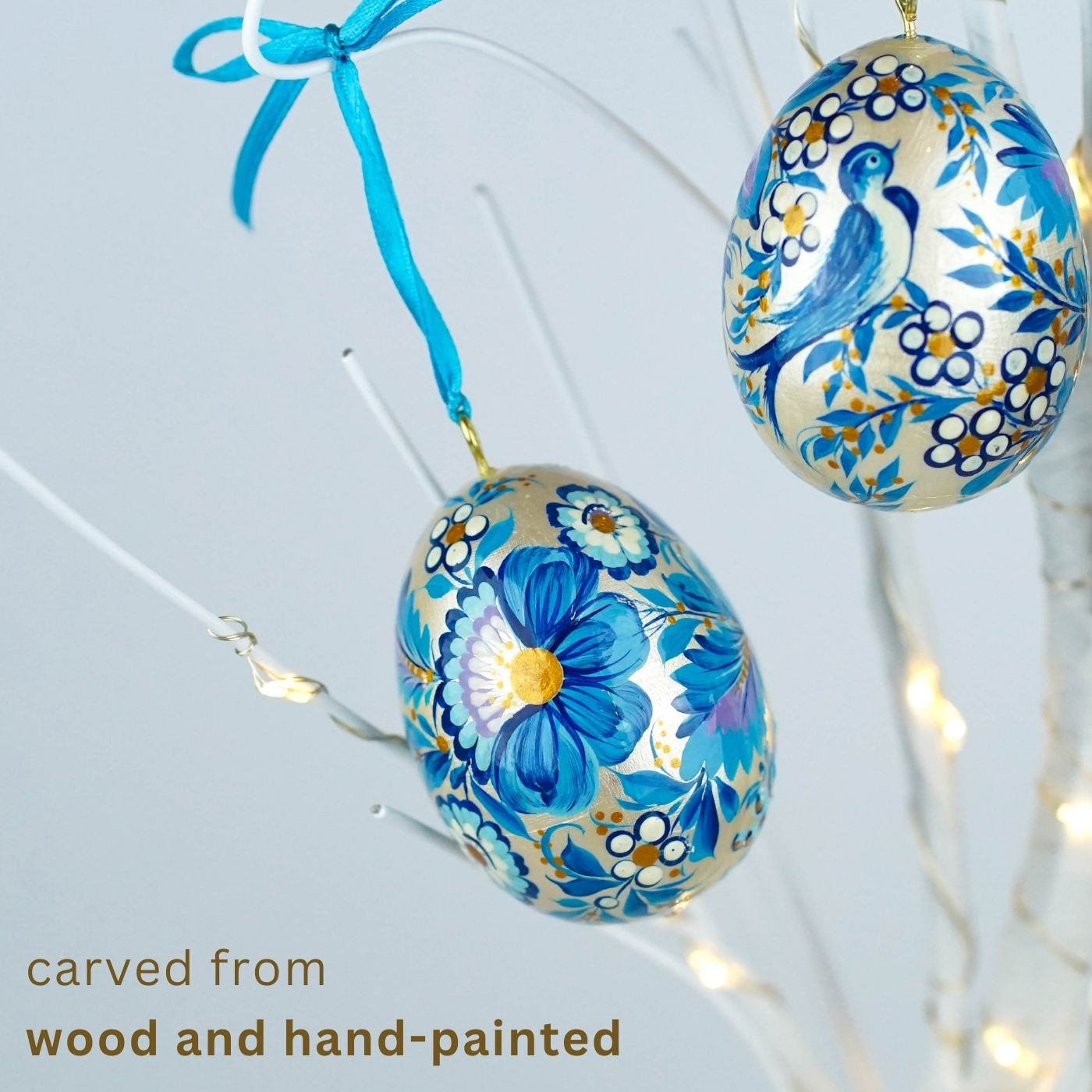 Set of 3 painted wooden Easter egg ornaments hanging - Blue bird Easter tree ornaments