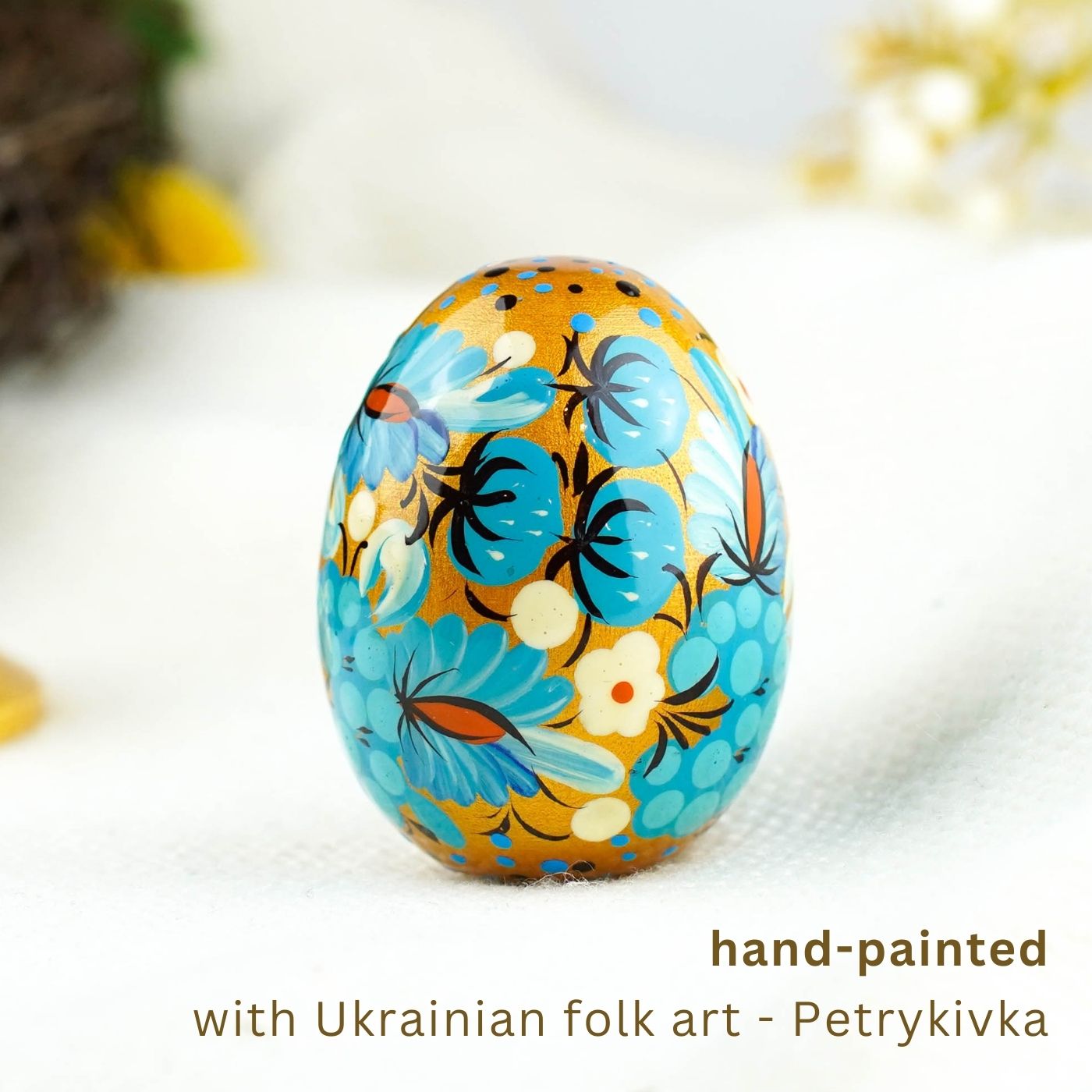 Hand-painted wooden Easter egg - Blue flower Petrykivka egg