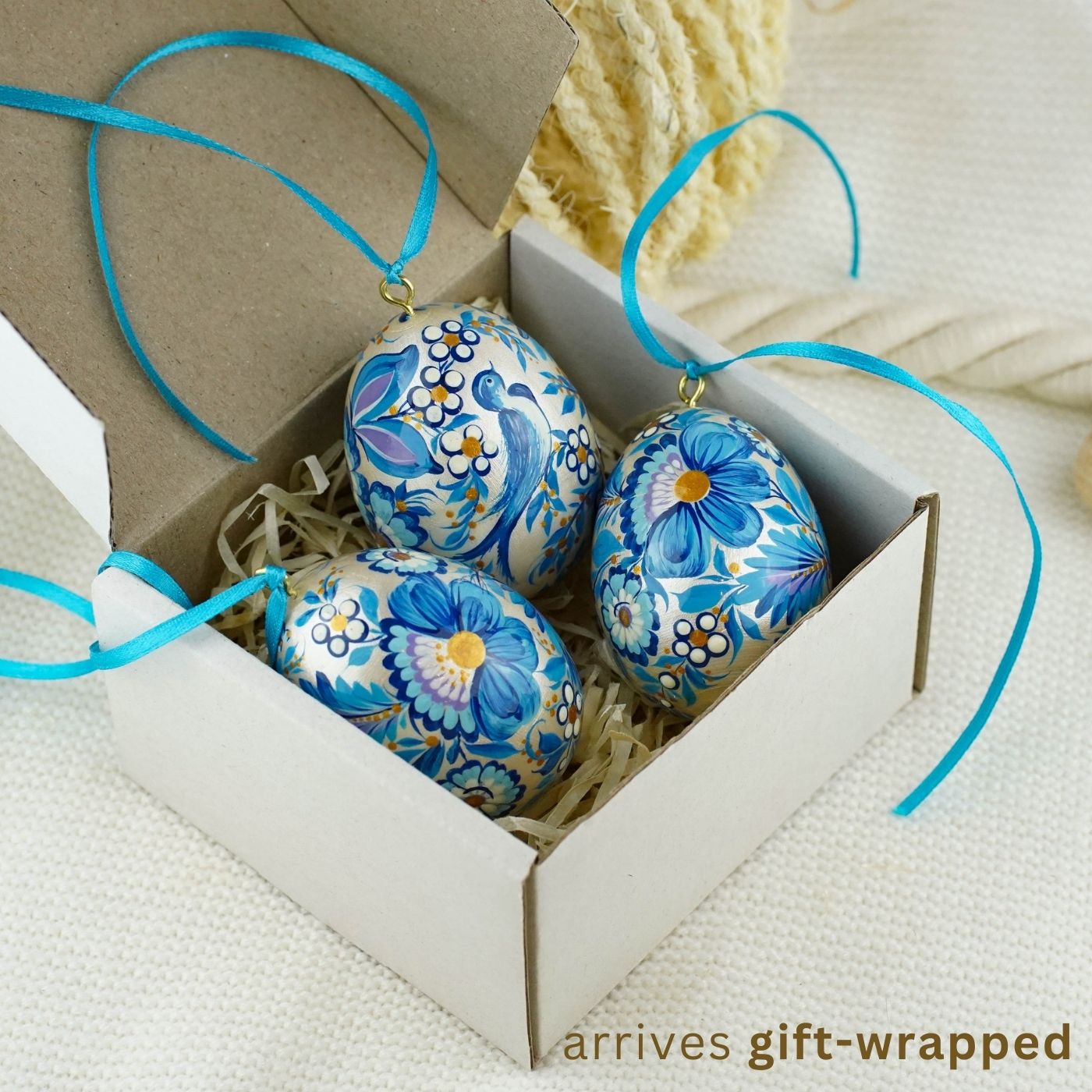 Set of 3 painted wooden Easter egg ornaments hanging - Blue bird Easter tree ornaments