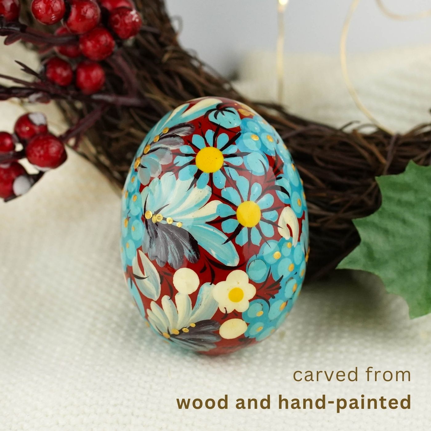 Hand painted wooden burgundy and blue flower Easter egg