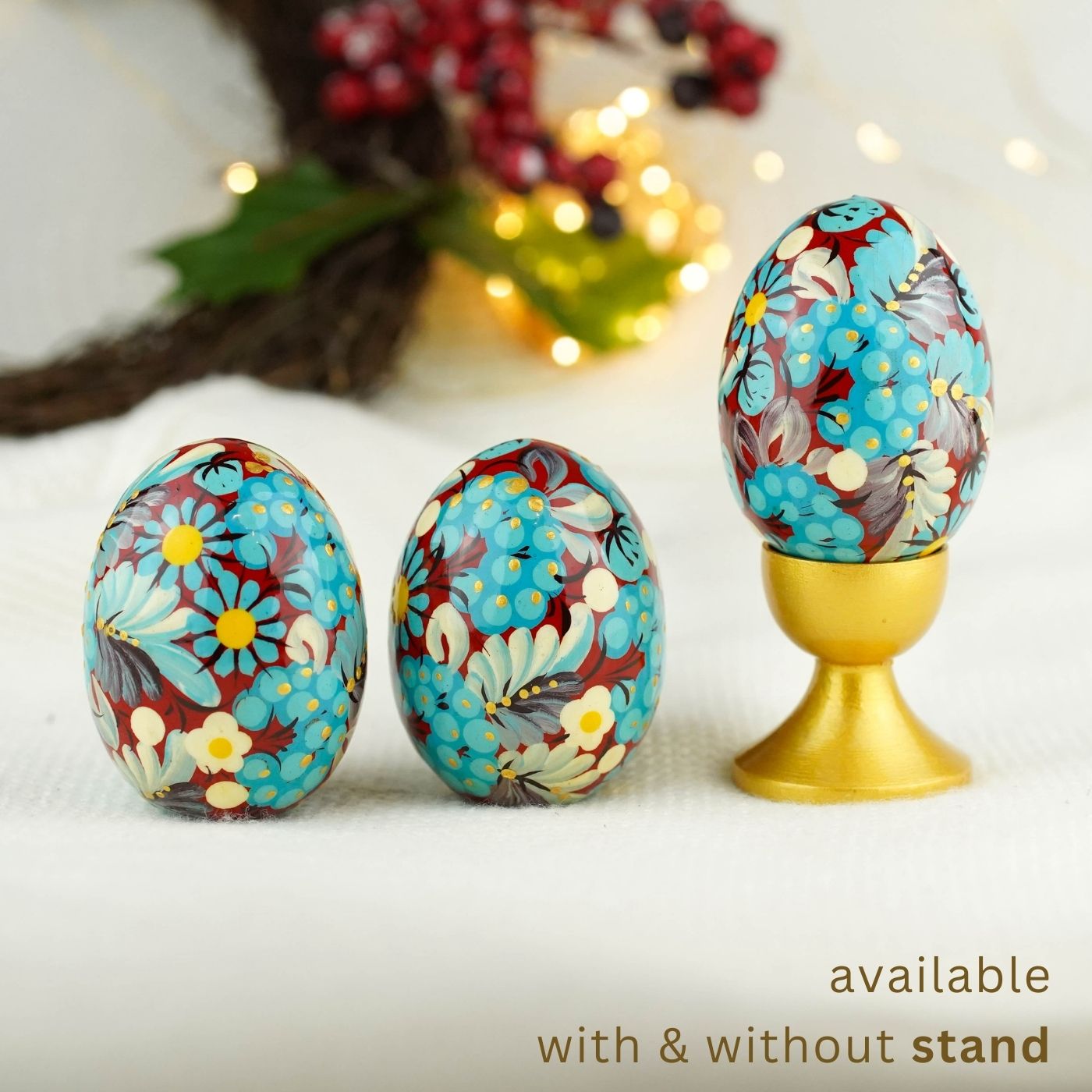 Hand painted wooden burgundy and blue flower Easter egg