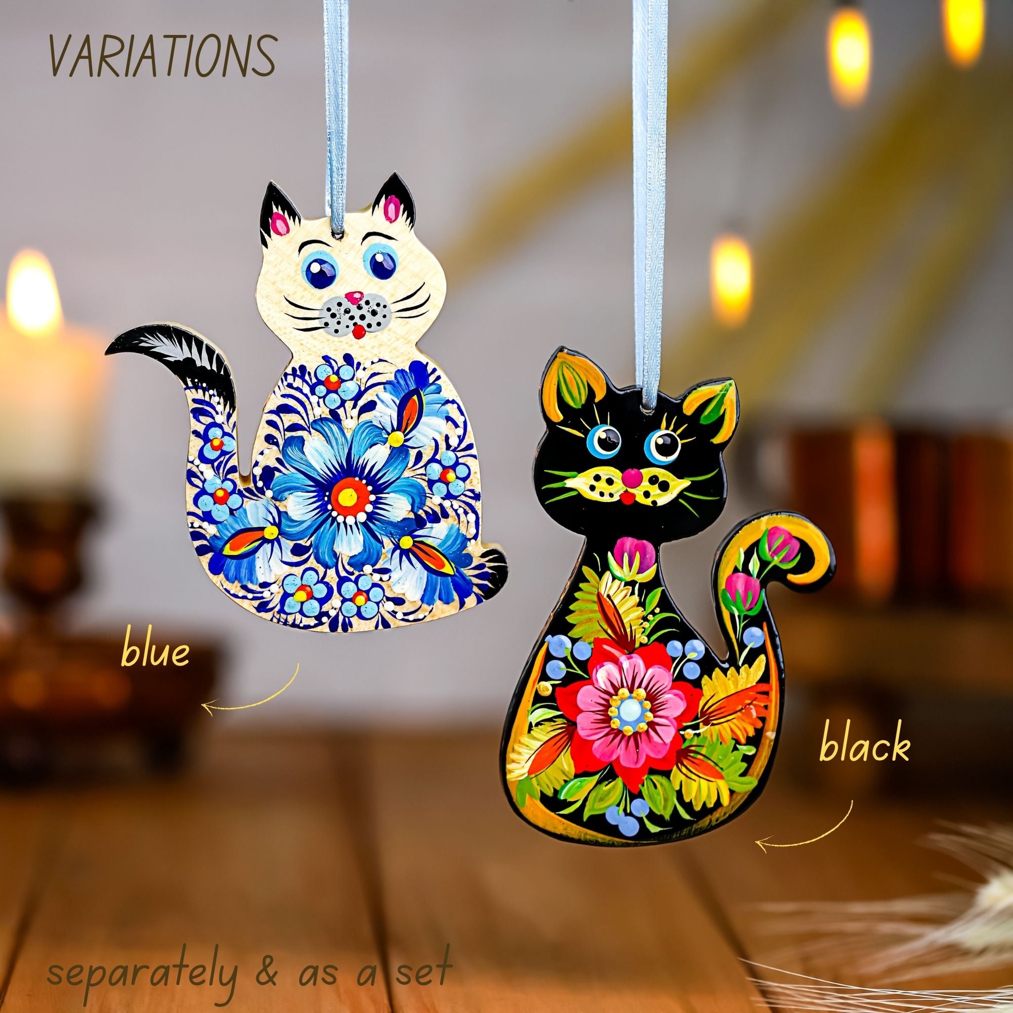 Hand-painted Wooden Cat Christmas Ornament with Petrykivka Art