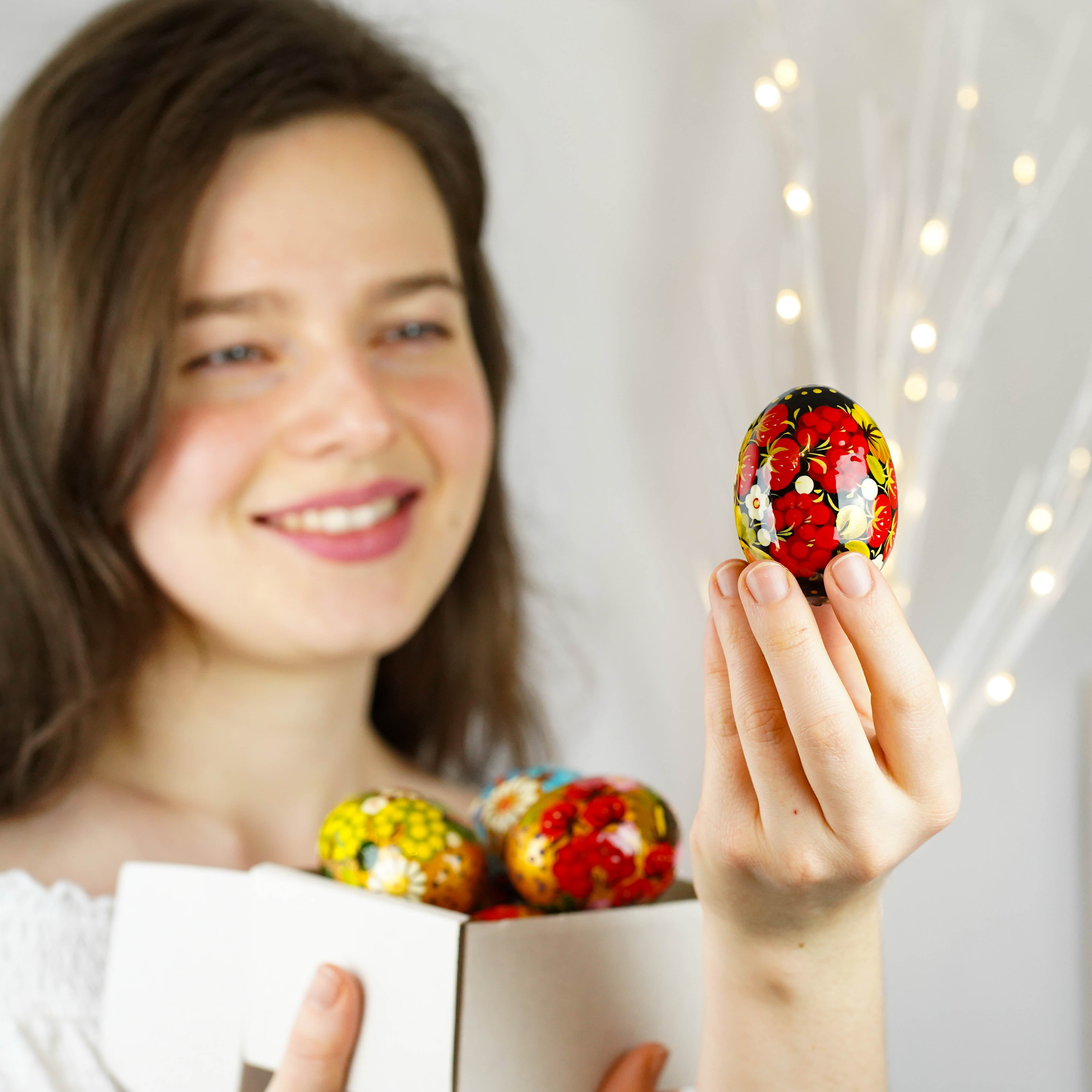 Hand-painted wooden Strawberry Easter egg - Ukrainian pysanky egg