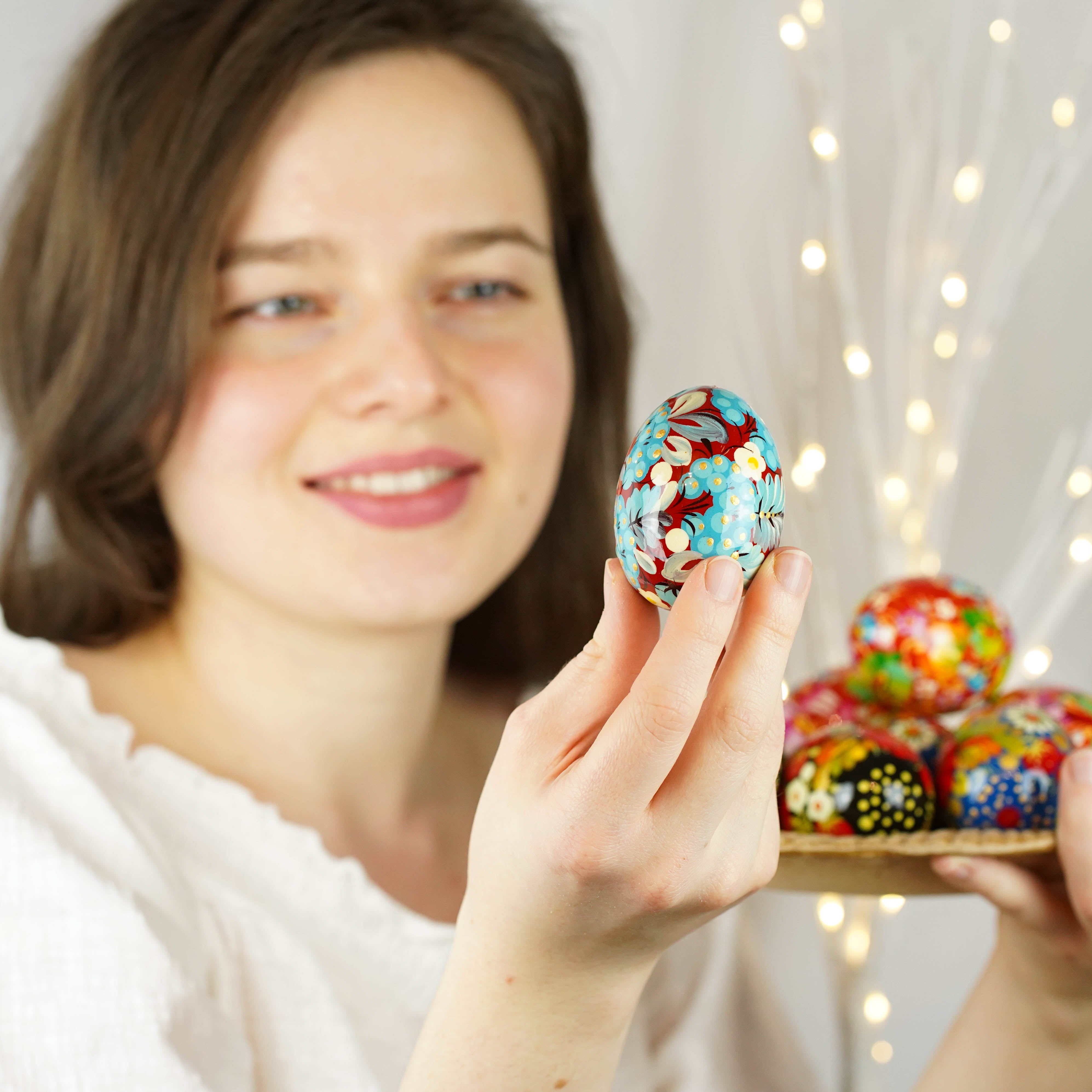 Hand painted wooden burgundy and blue flower Easter egg