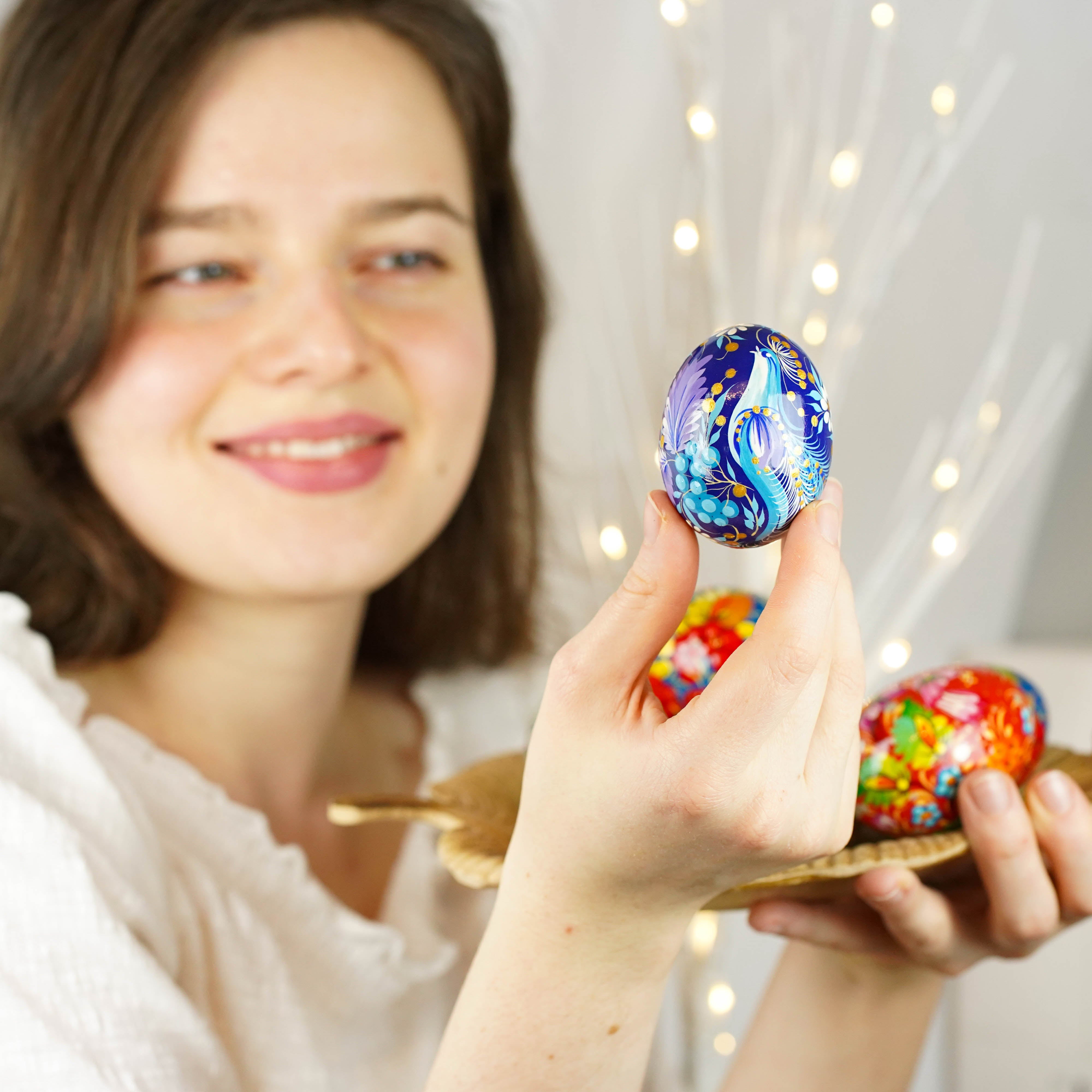 Hand-painted wooden Blue bird Easter egg