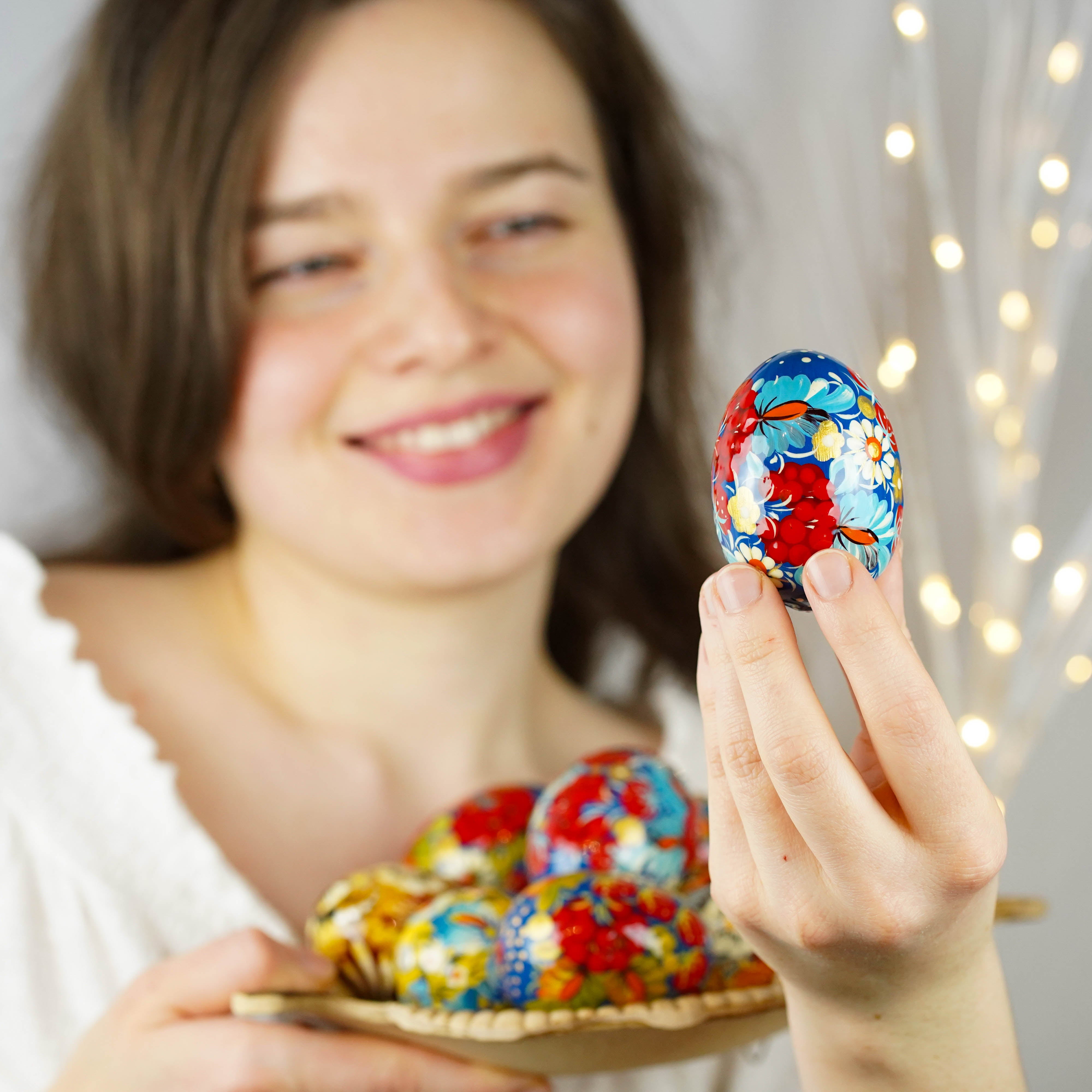 Hand-painted wooden Strawberry Easter egg - Petrykivka art egg