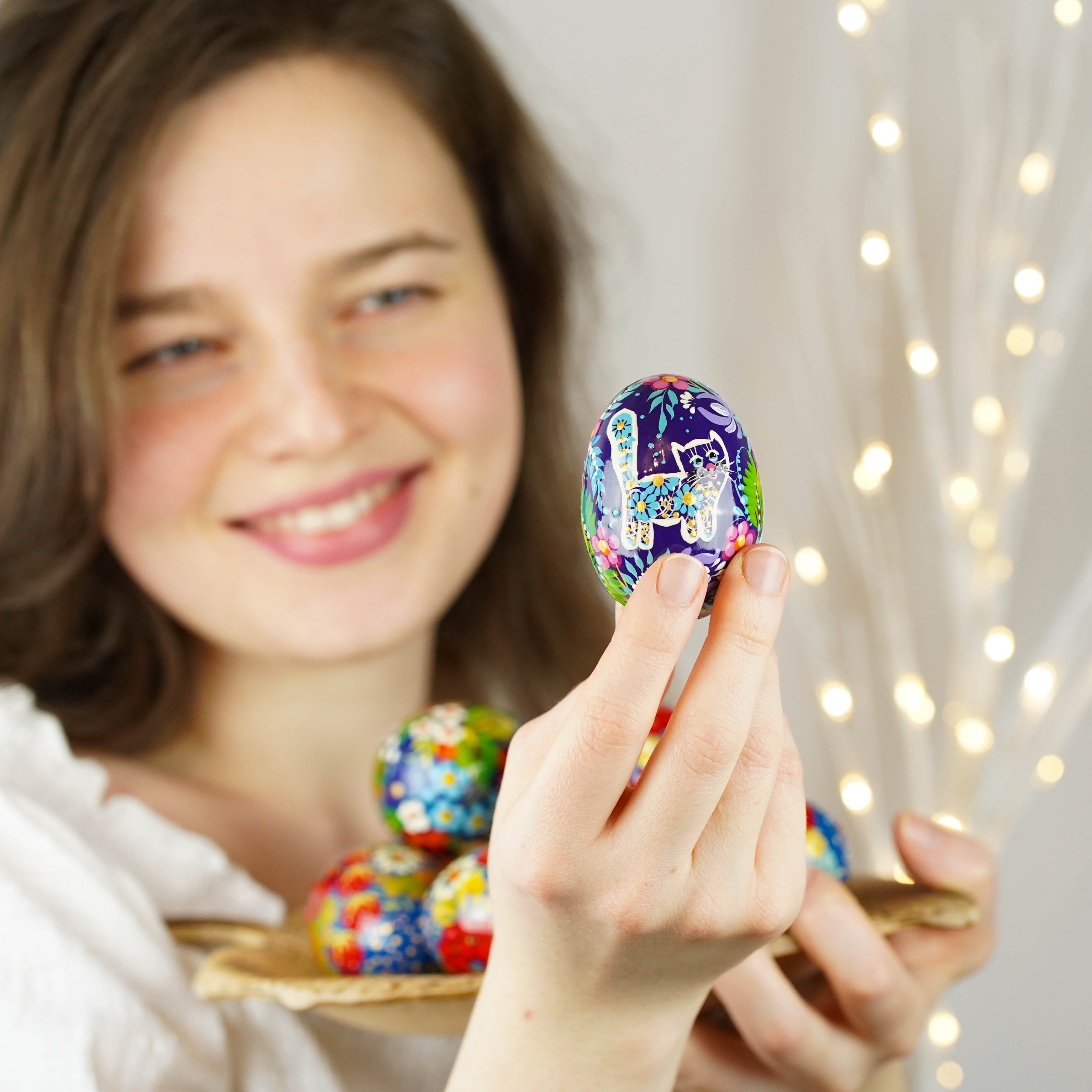 Painted Wooden Cat Easter Egg - Personalized Easter Ornament