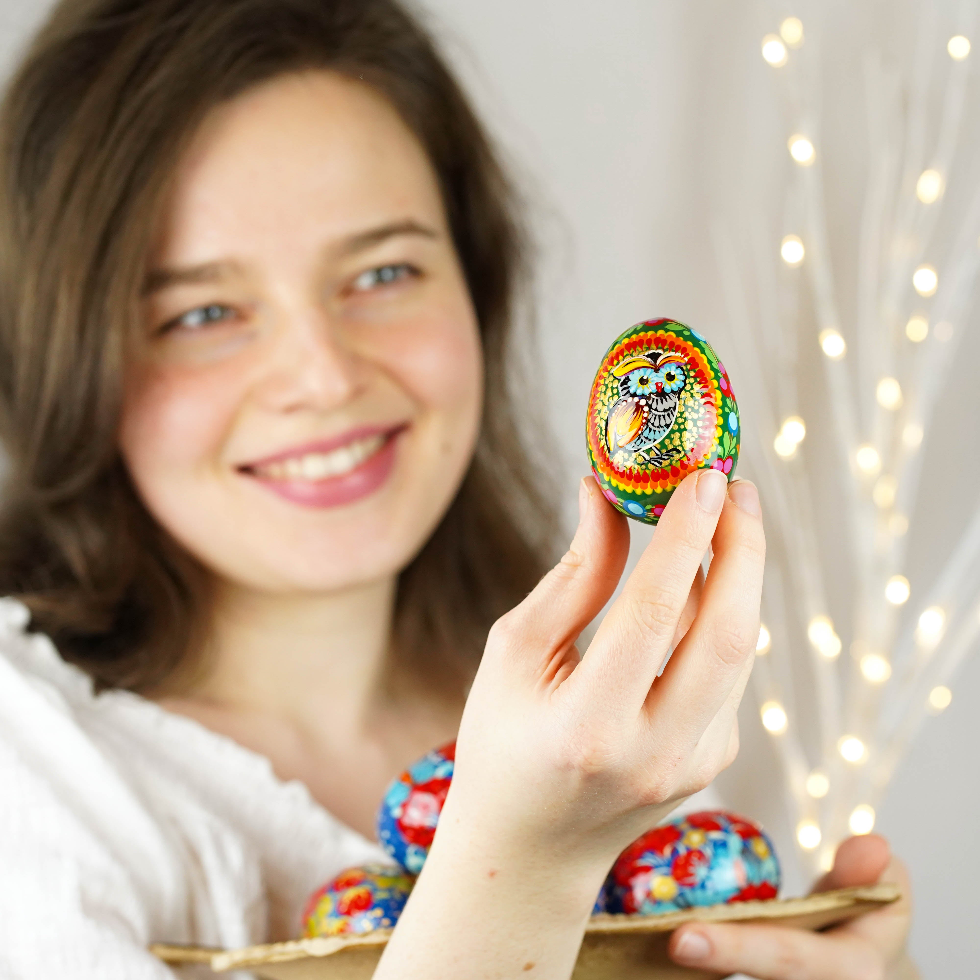 Wooden Owl Easter egg - Hand-painted Easter egg decoration