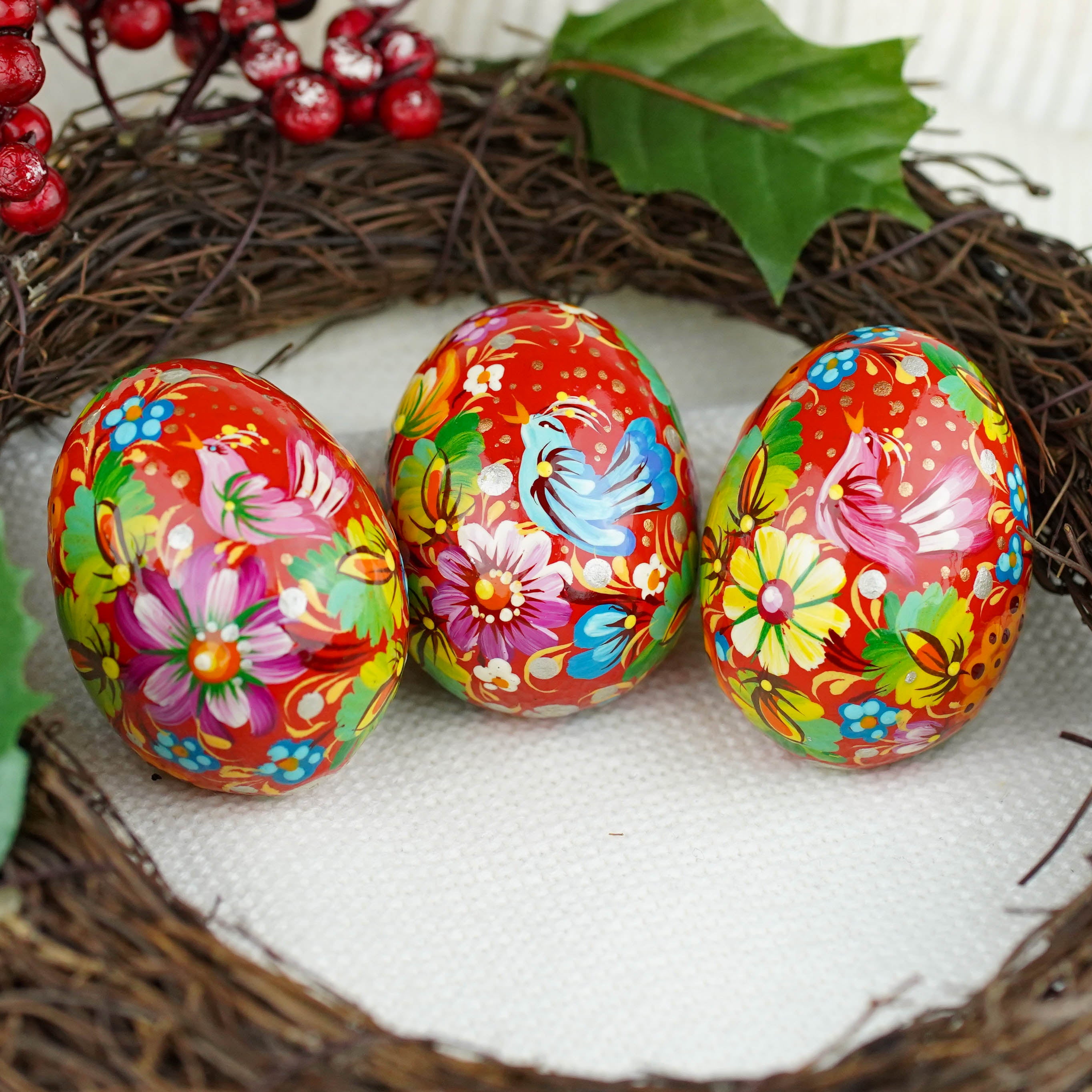 Set of 3 hand-painted wooden bird Easter eggs