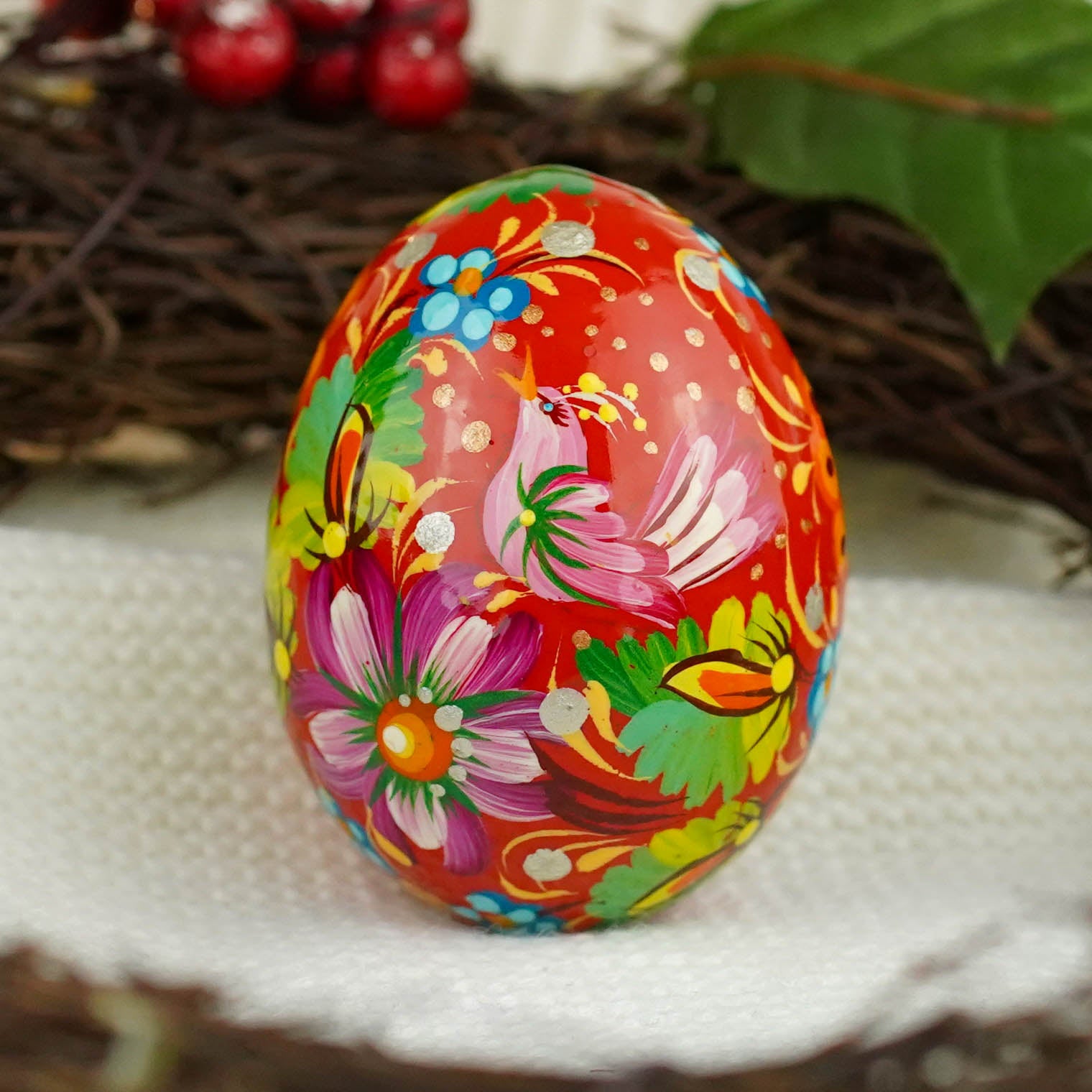 Set of 3 hand-painted wooden bird Easter eggs