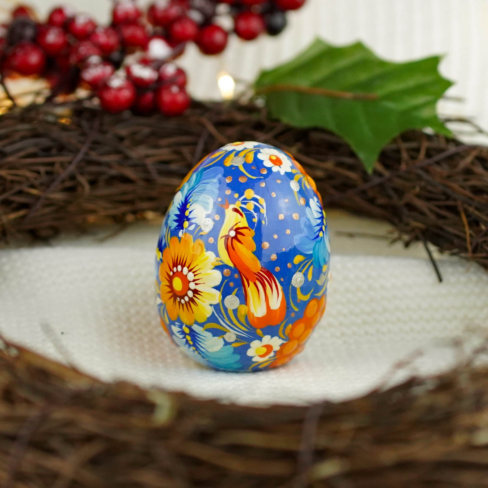 Painted wooden Ukrainian bird Easter egg