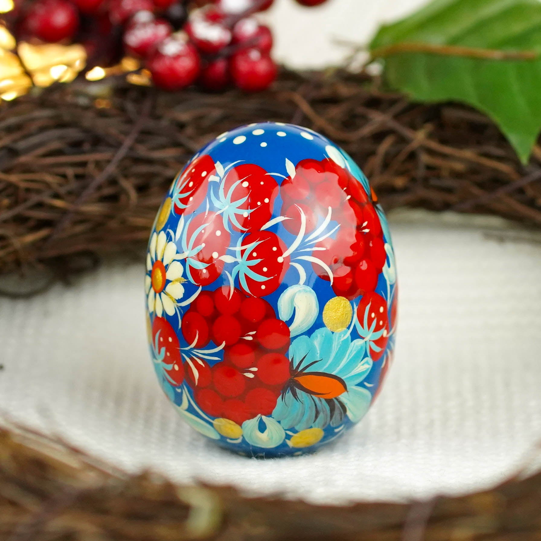 Hand-painted wooden Strawberry Easter egg - Petrykivka art egg