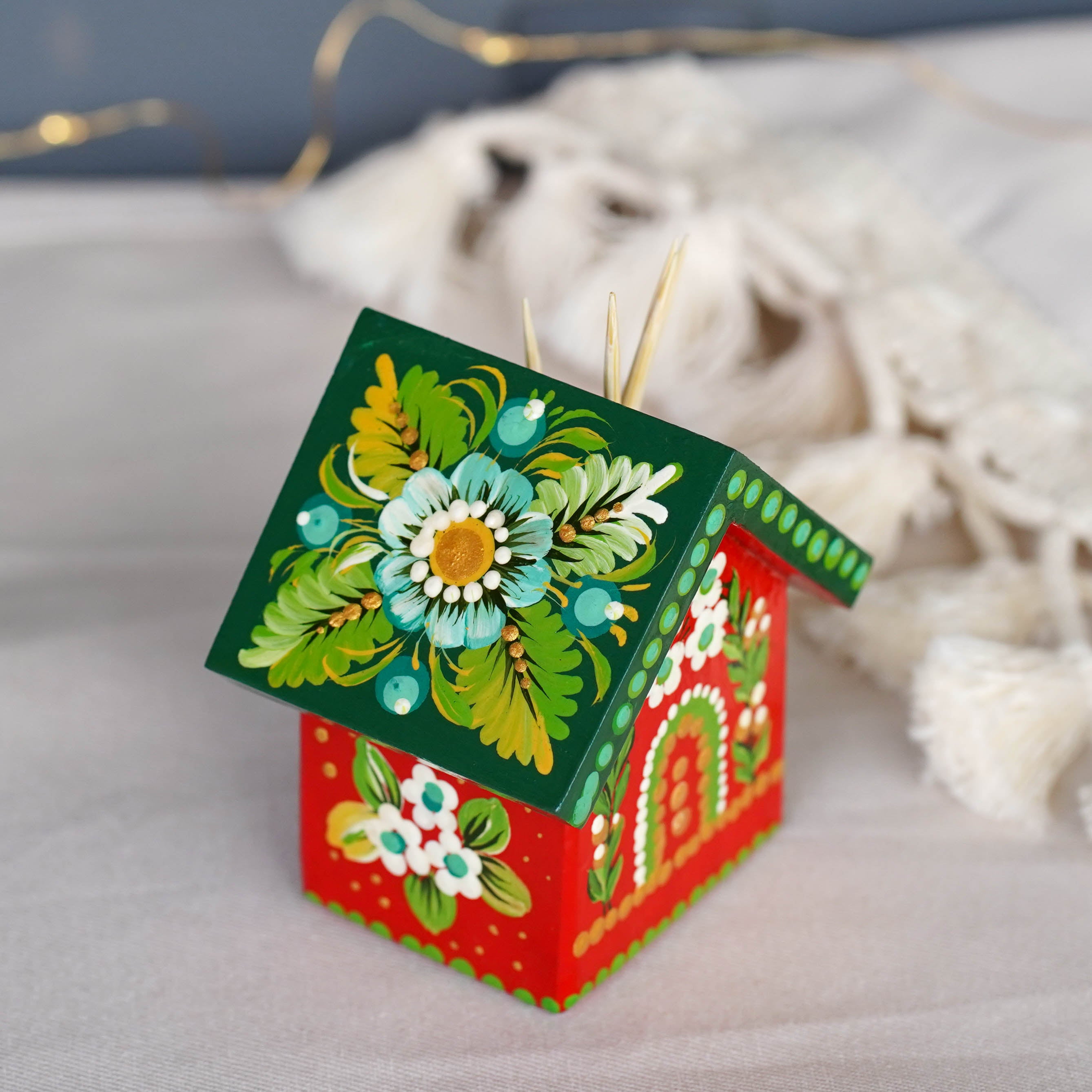 Handmade Wooden Personalized House-shaped Toothpick Holder - Petrykivka Art Painted Christmas Table Decor