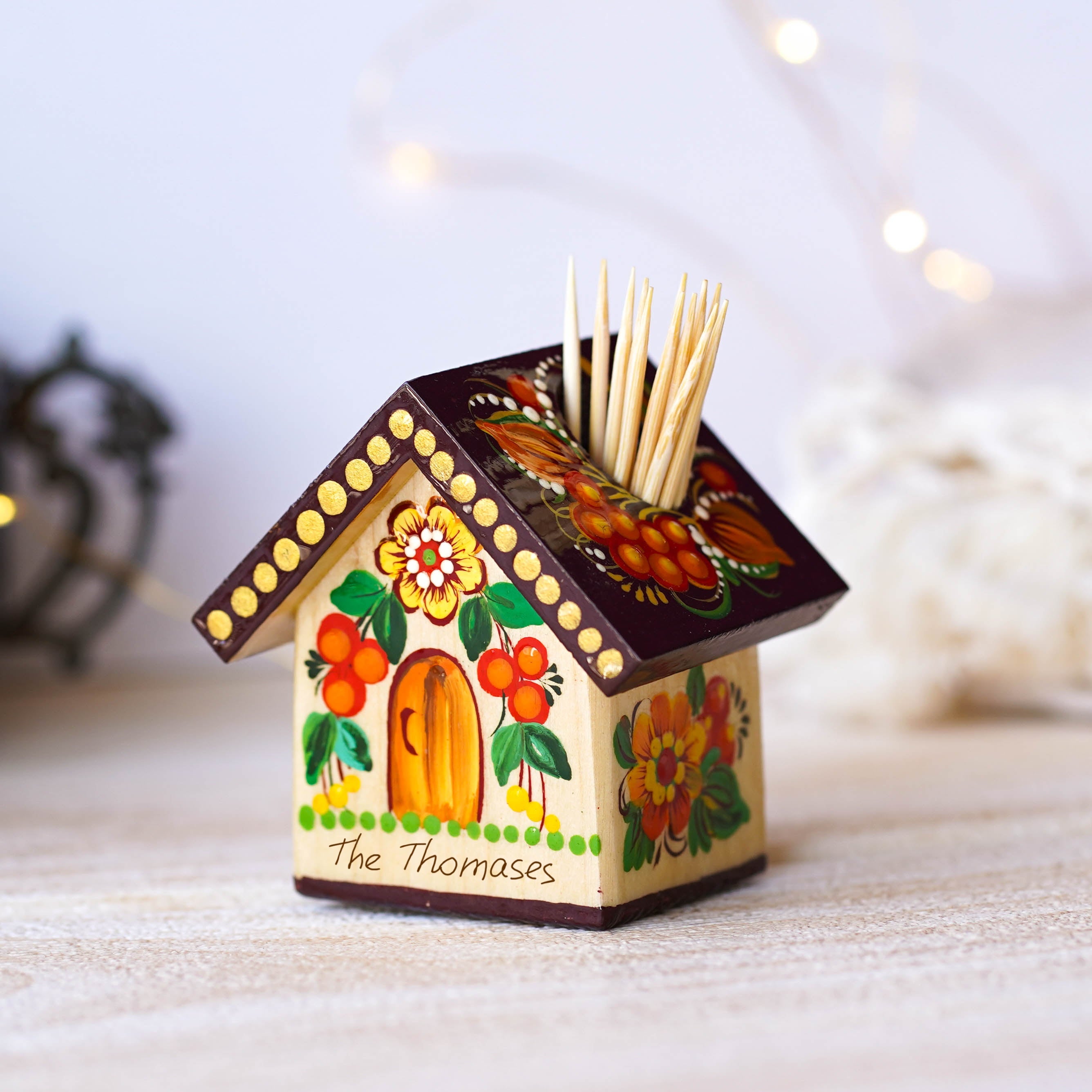 Handmade Wooden Personalized House-shaped Toothpick Holder - Petrykivka Art Ornage & Brown Painted Table Decor