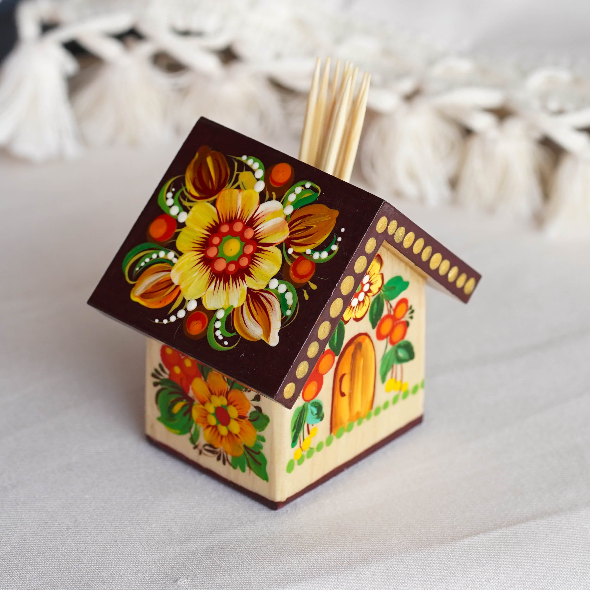 Handmade Wooden Personalized House-shaped Toothpick Holder - Petrykivka Art Ornage & Brown Painted Table Decor