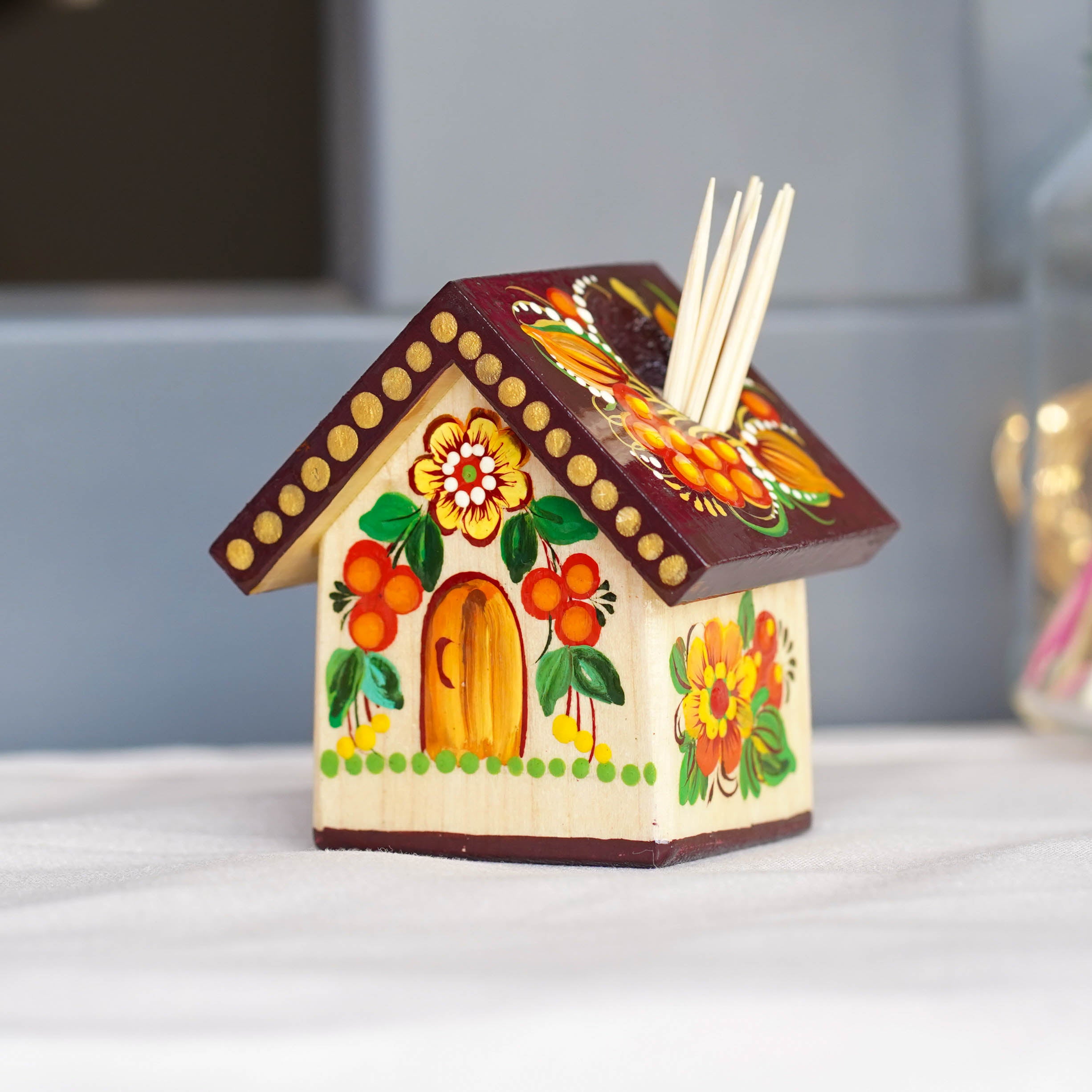 Handmade Wooden Personalized House-shaped Toothpick Holder - Petrykivka Art Ornage & Brown Painted Table Decor