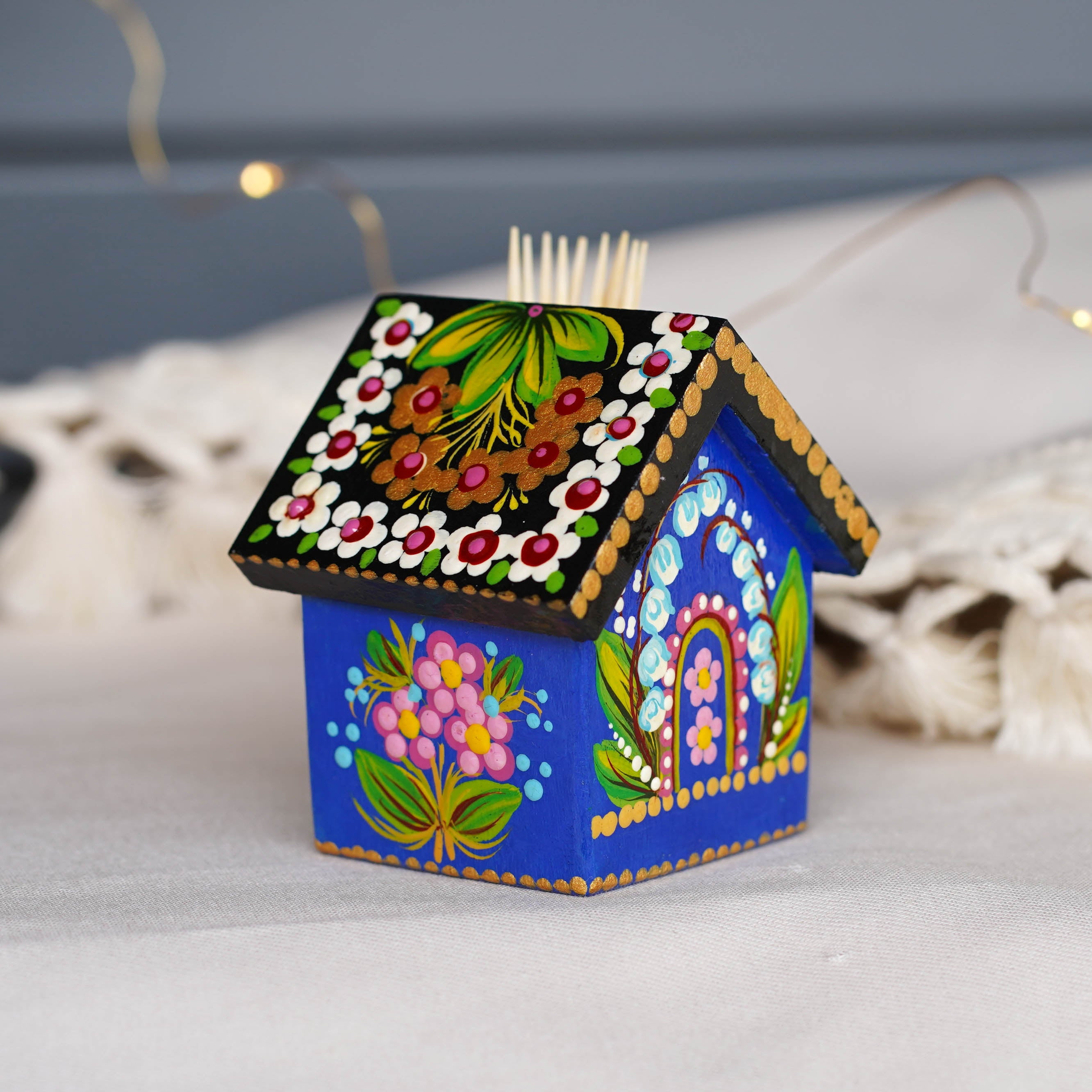 Handmade Wooden Personalized House-shaped Toothpick Holder - Petrykivka Art Blue Lily of the Valley Painted Table Decor