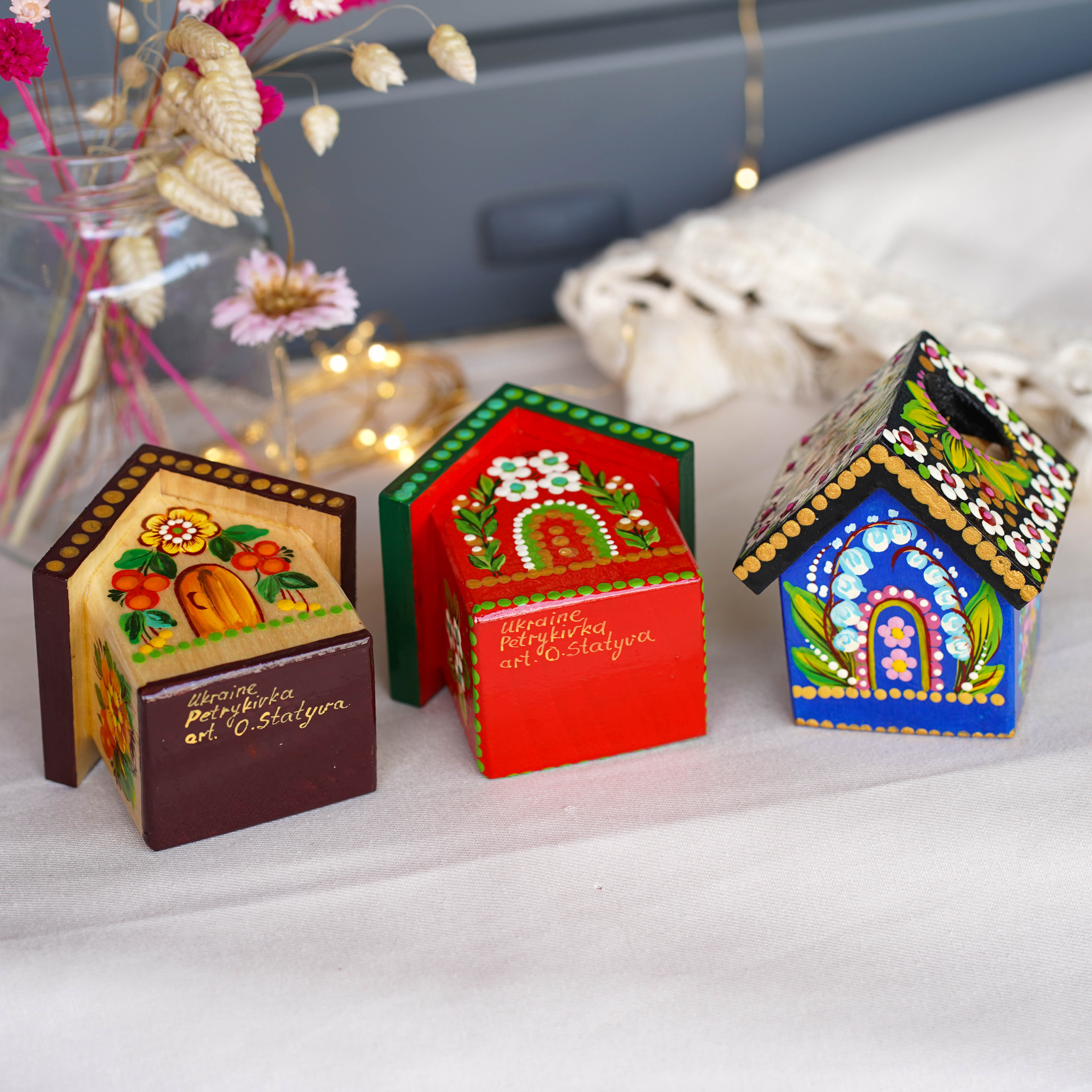 Handmade Wooden Personalized House-shaped Toothpick Holder - Petrykivka Art Painted Christmas Table Decor