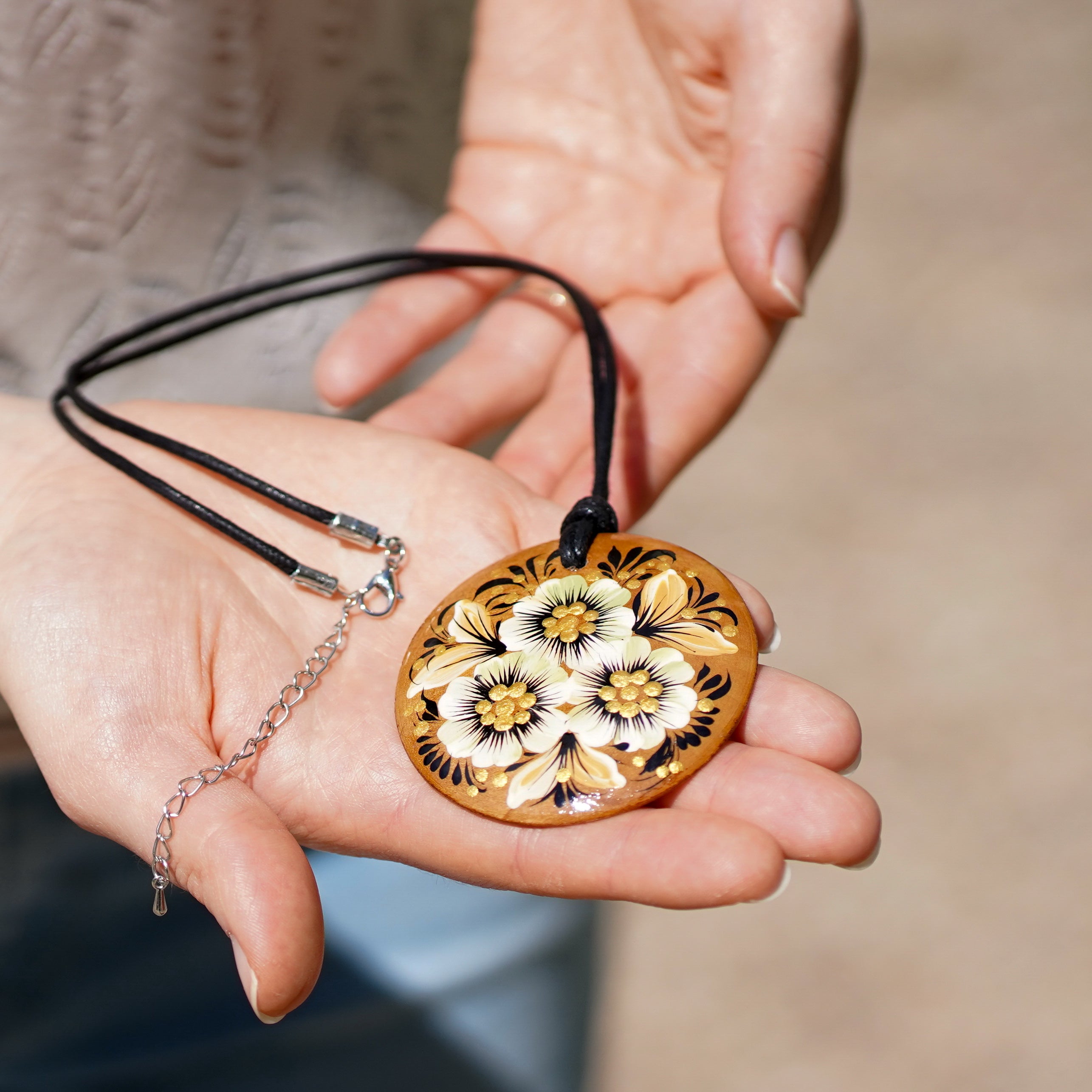 Lightweight Hand-painted Wooden Pendant Necklace -  Beige flower Artisanal Large Circle Statement Necklace