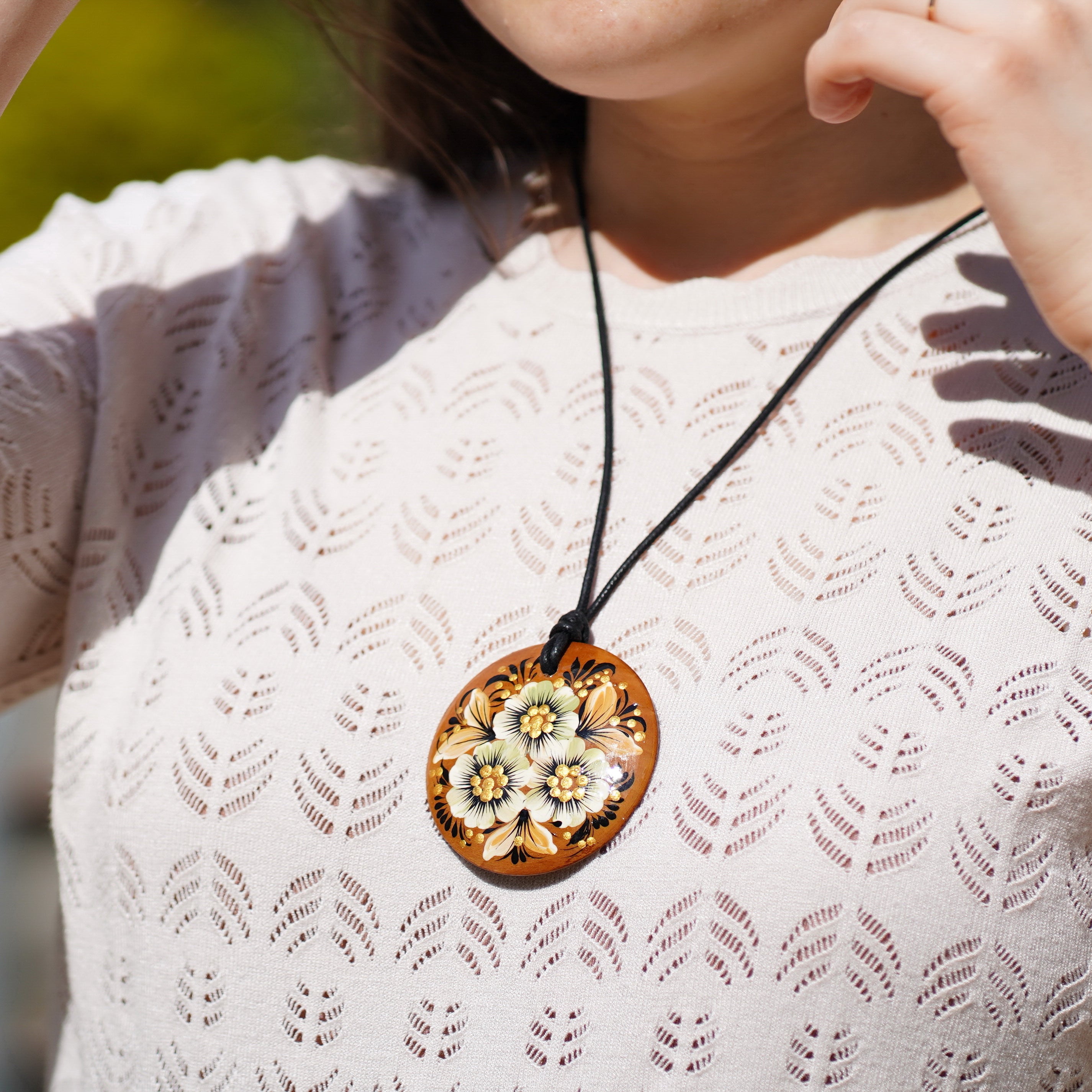 Lightweight Hand-painted Wooden Pendant Necklace -  Beige flower Artisanal Large Circle Statement Necklace