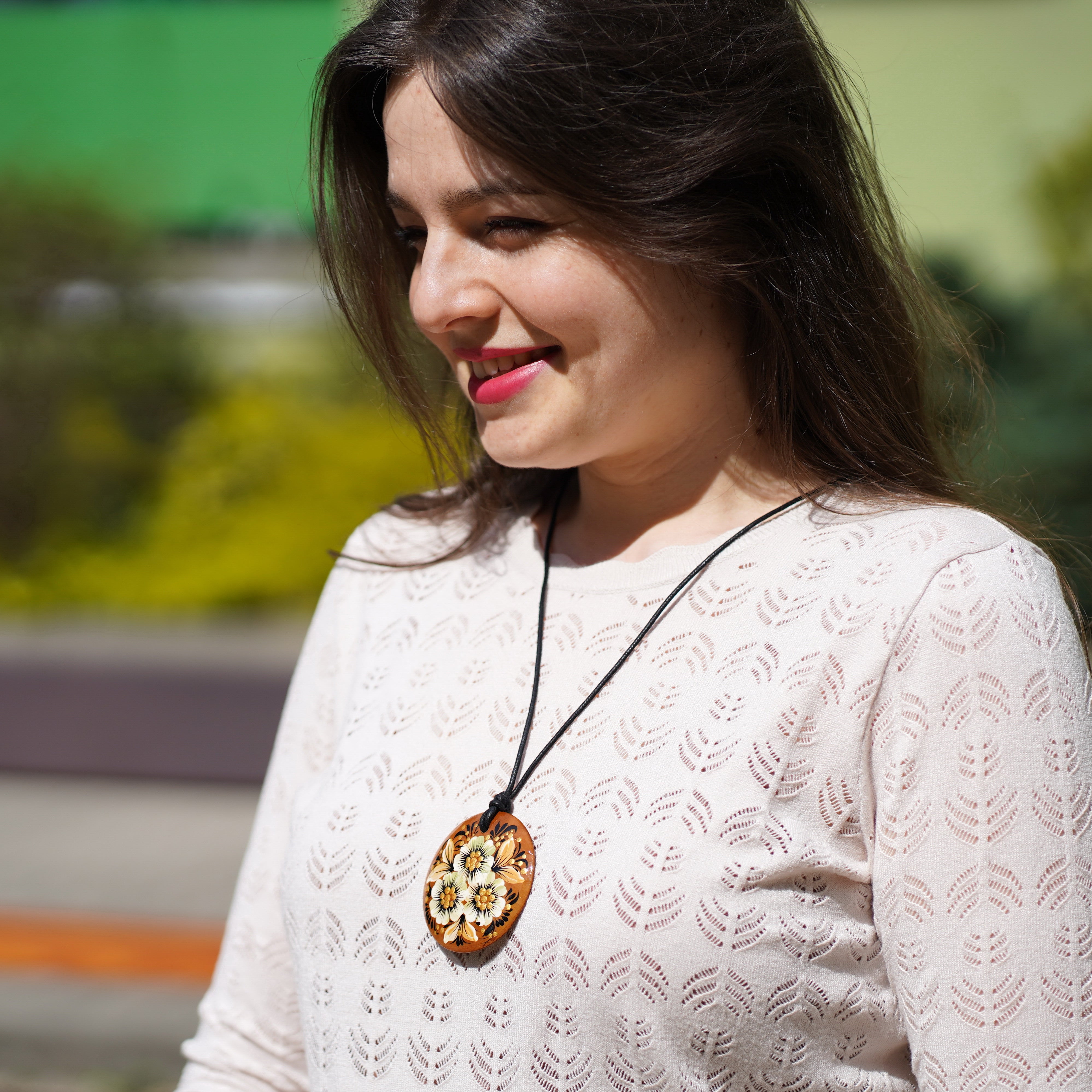 Lightweight Hand-painted Wooden Pendant Necklace -  Beige flower Artisanal Large Circle Statement Necklace