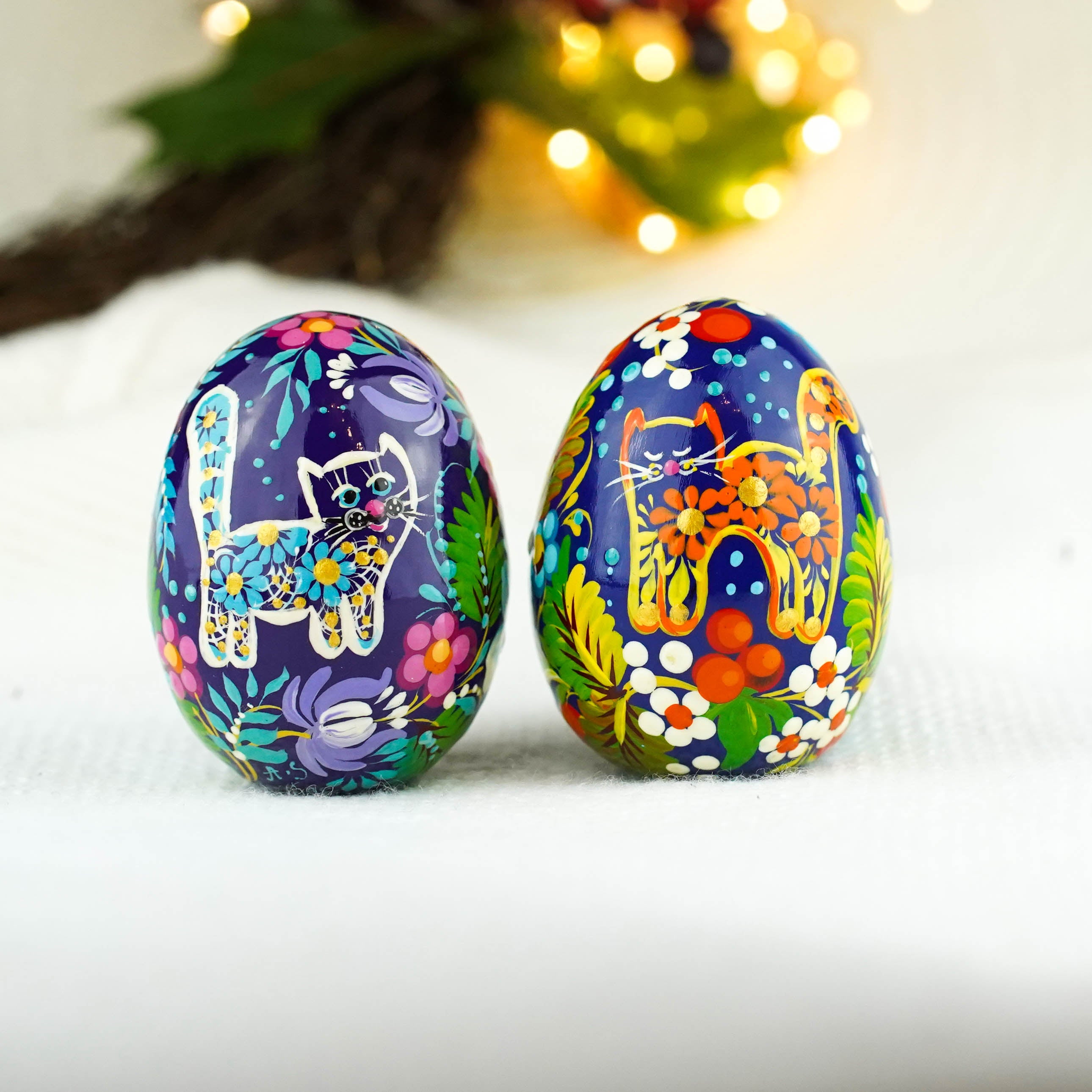 Painted Wooden Cat Easter Egg - Personalized Easter Ornament