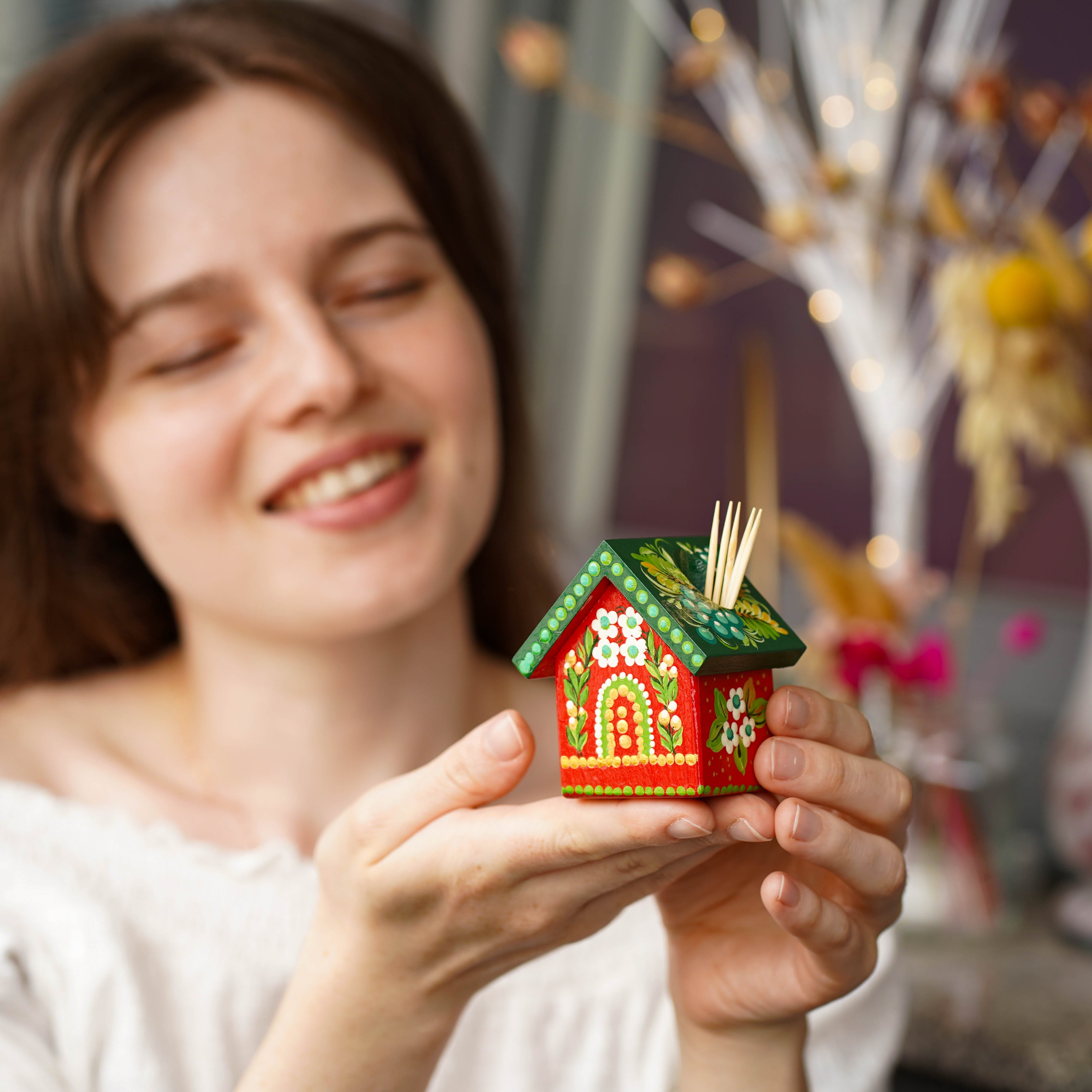 Handmade Wooden Personalized House-shaped Toothpick Holder - Petrykivka Art Painted Christmas Table Decor