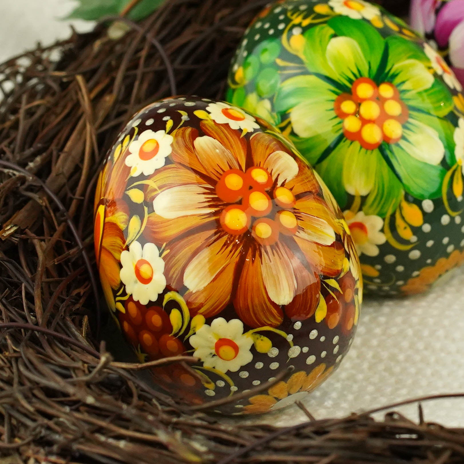 Painted wooden Easter egg - Handmade Petrykivka folk art Ukrainian pysanky egg