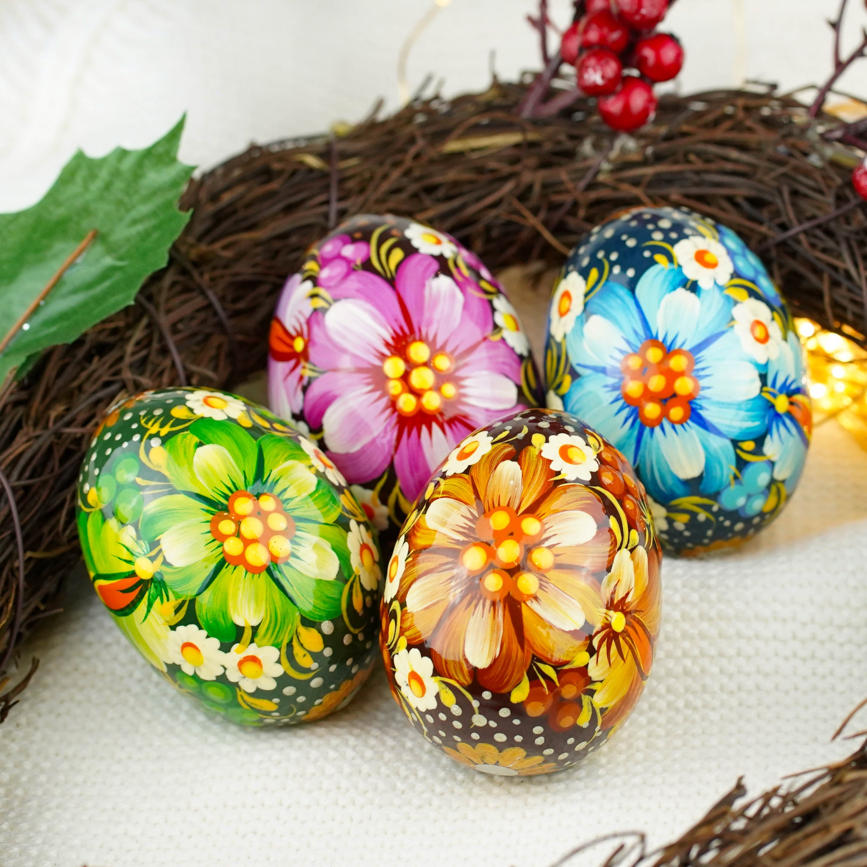 Painted wooden Easter egg - Handmade Petrykivka folk art Ukrainian pysanky egg