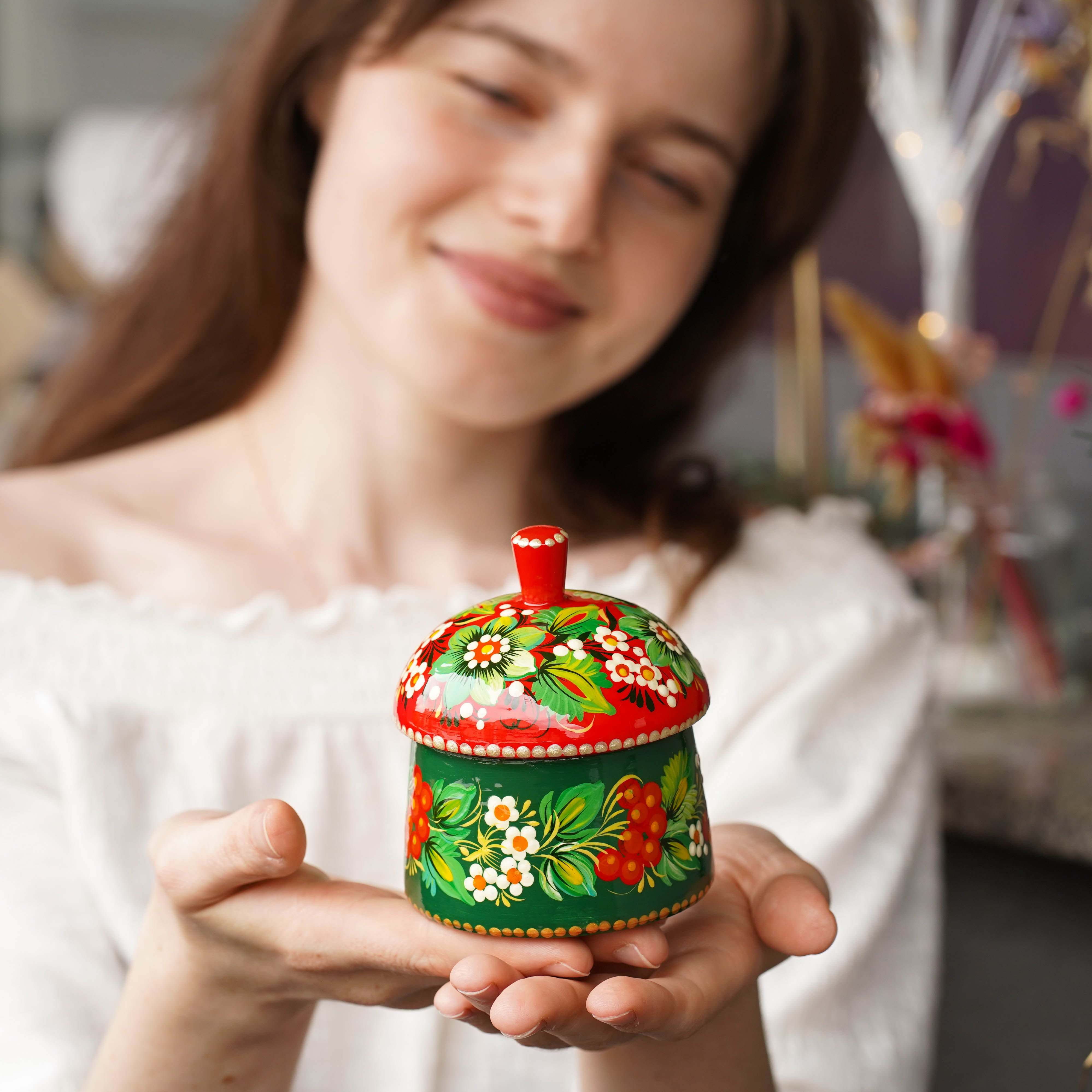 Handmade Painted Wooden Christmas Jewelry Box with Lid 3.9 in - Petrykivka Art, Green & Red Flower Small Keepsake Box