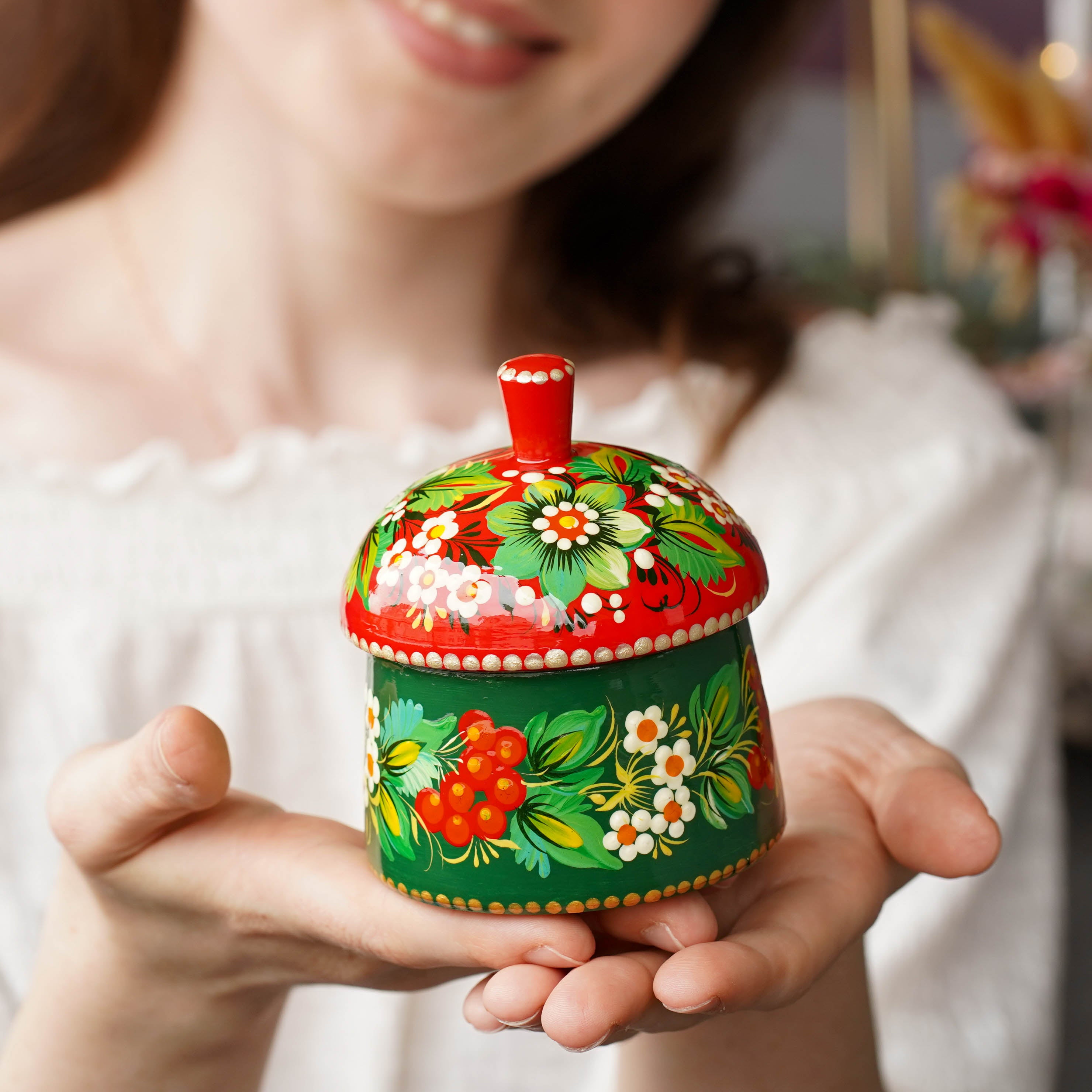 Handmade Painted Wooden Christmas Jewelry Box with Lid 3.9 in - Petrykivka Art, Green & Red Flower Small Keepsake Box