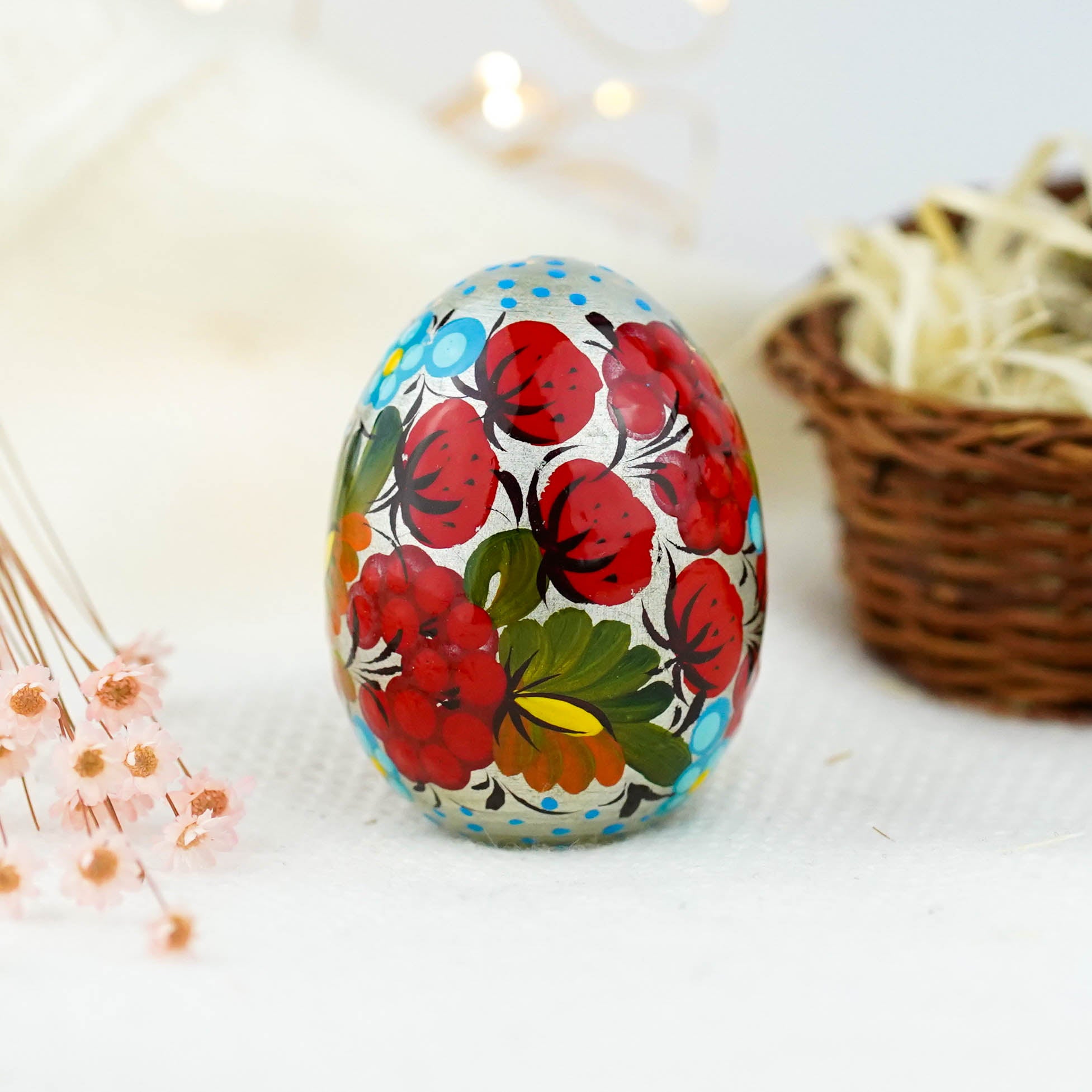 Painted Strawberry Easter egg - Handmade Ukrainian pysanky egg