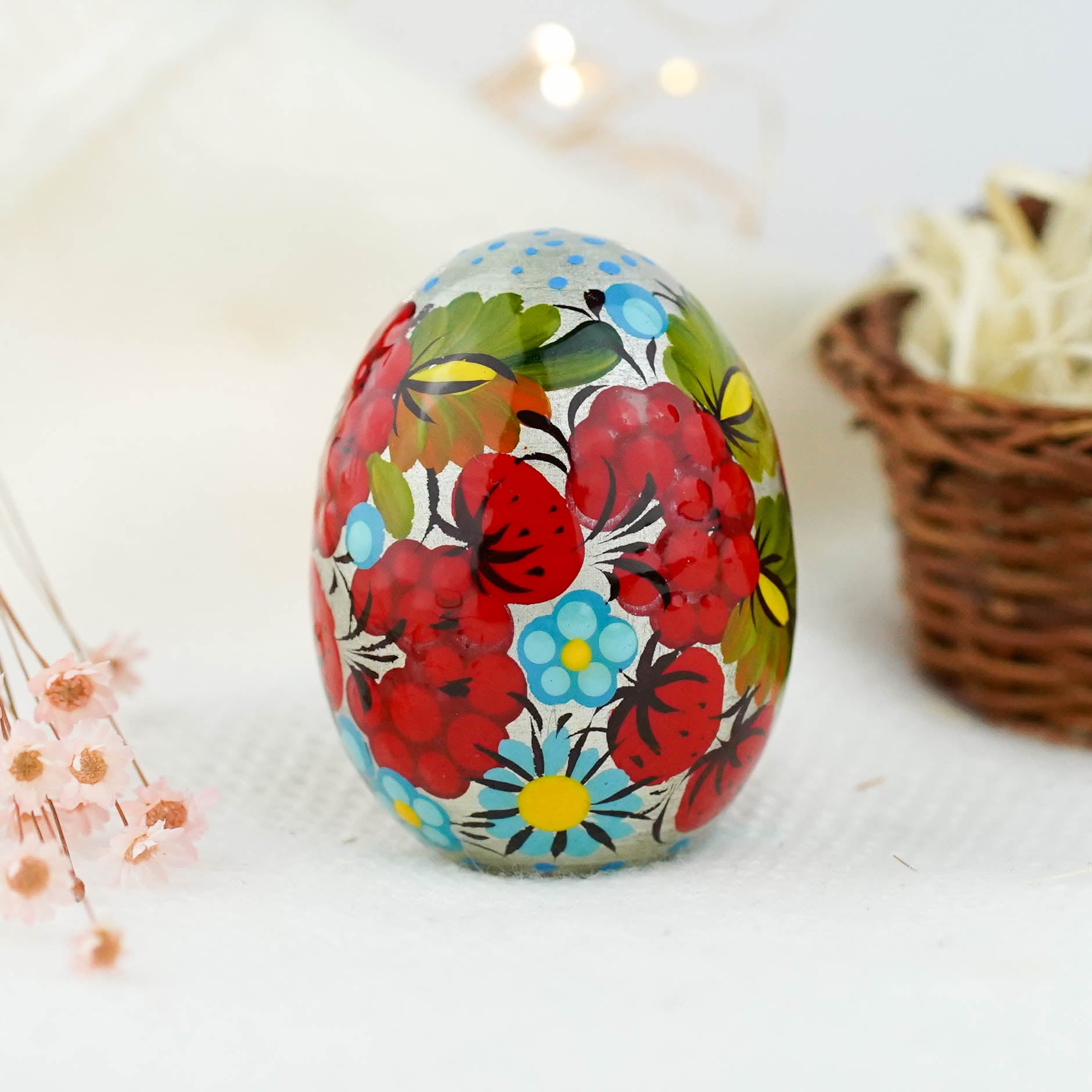 Painted Strawberry Easter egg - Handmade Ukrainian pysanky egg