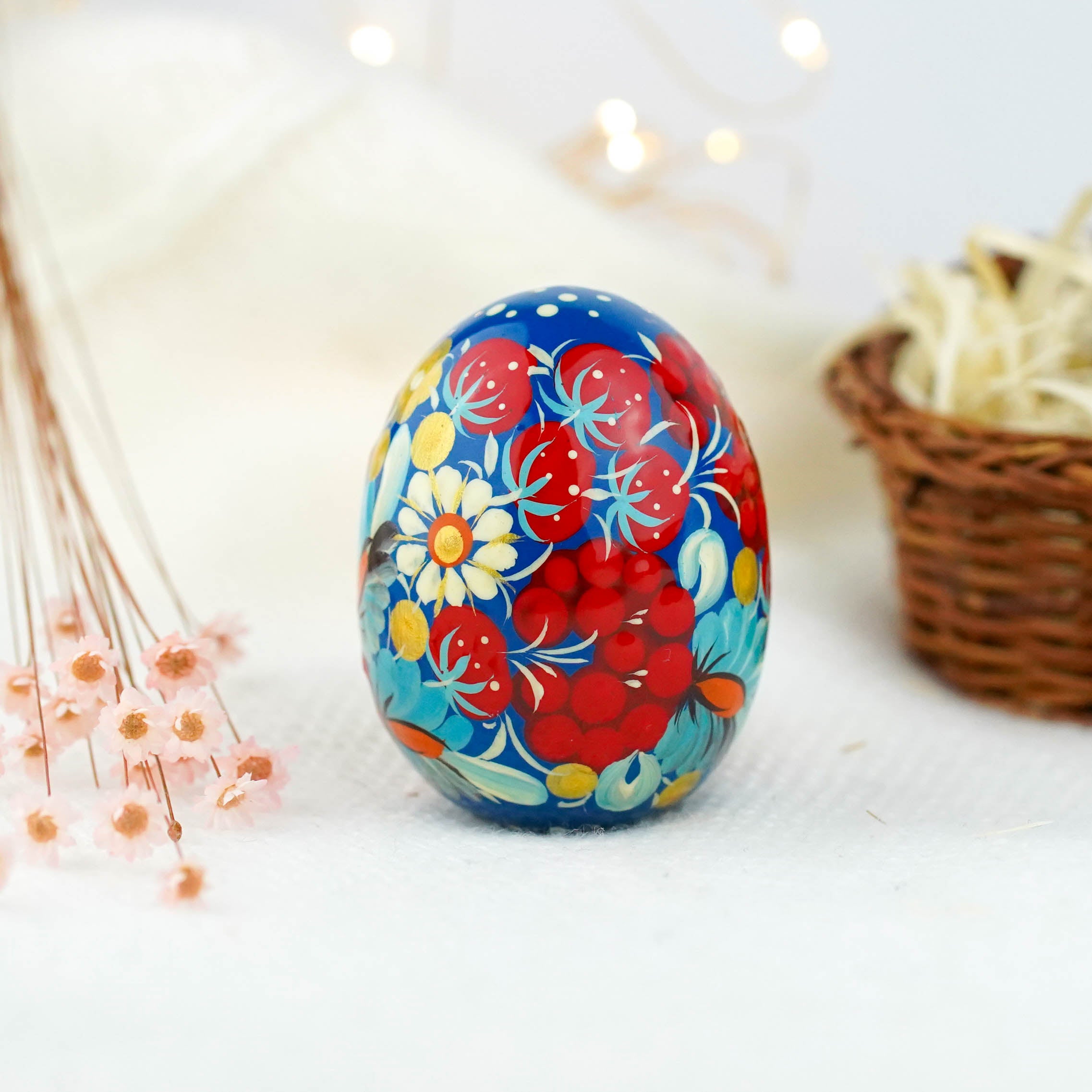 Hand-painted wooden Strawberry Easter egg - Petrykivka art egg