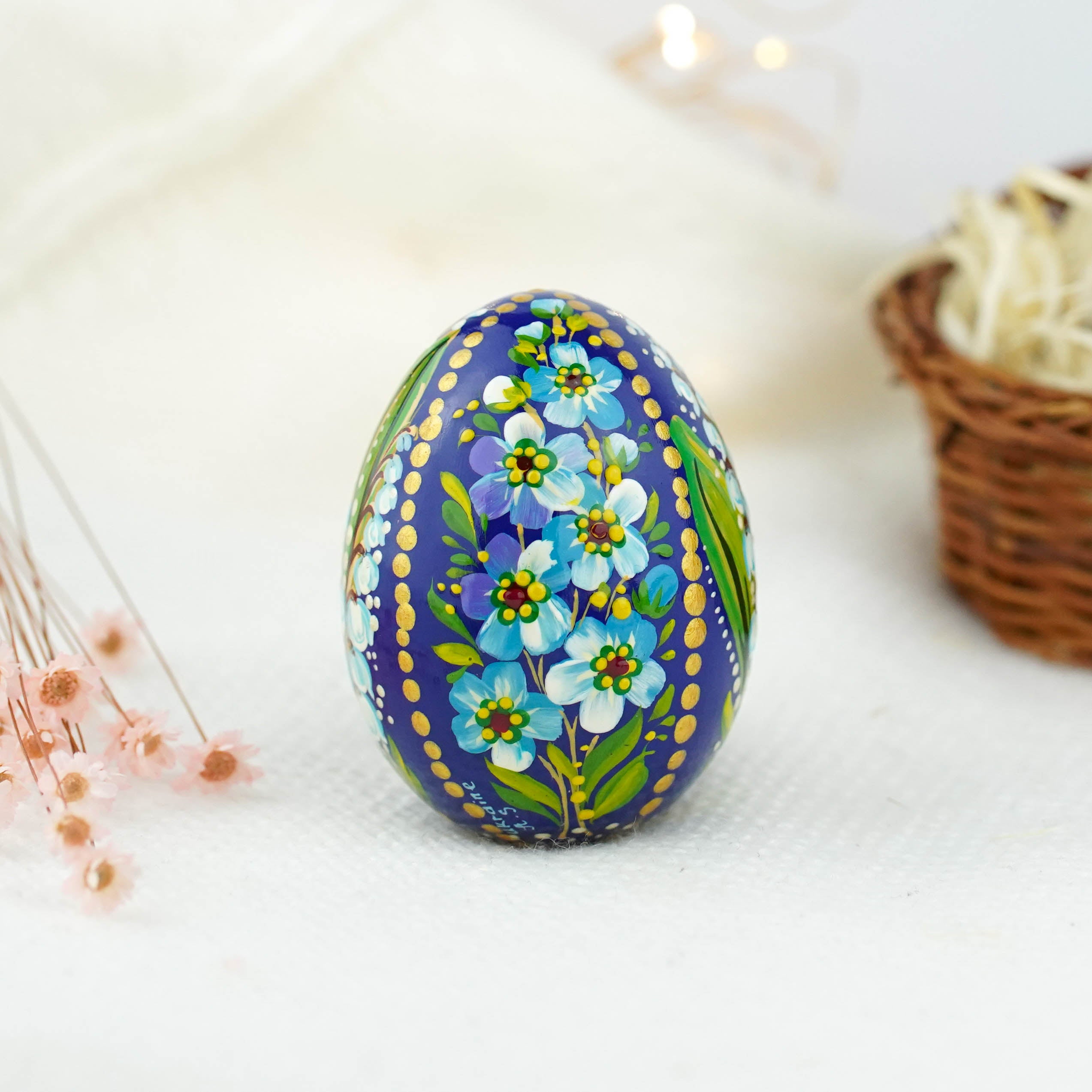 Hand-painted wooden Lily of the Valley Easter egg - Forget-me-not Ukrainian pysanky egg