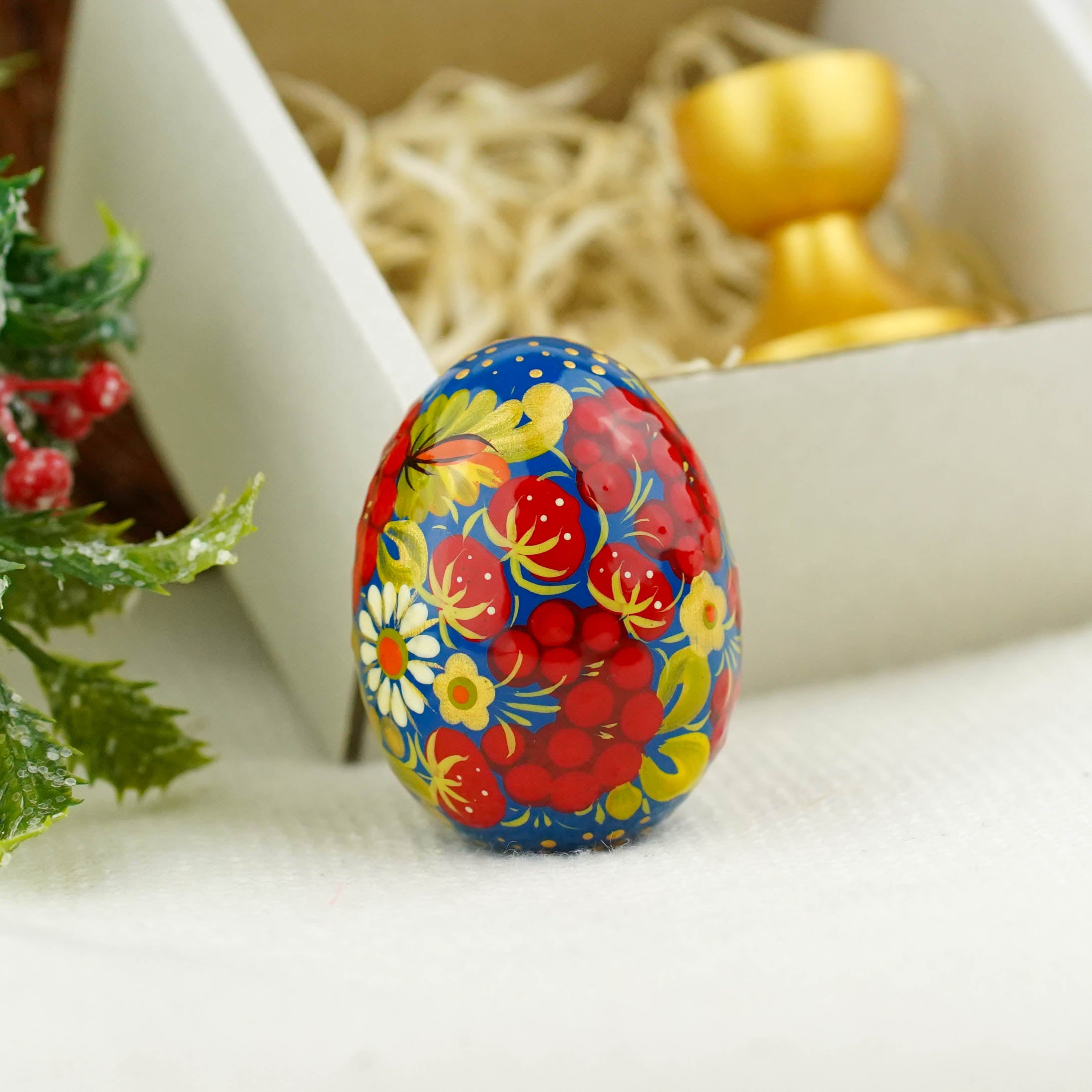 Hand-painted wooden Strawberry Easter egg