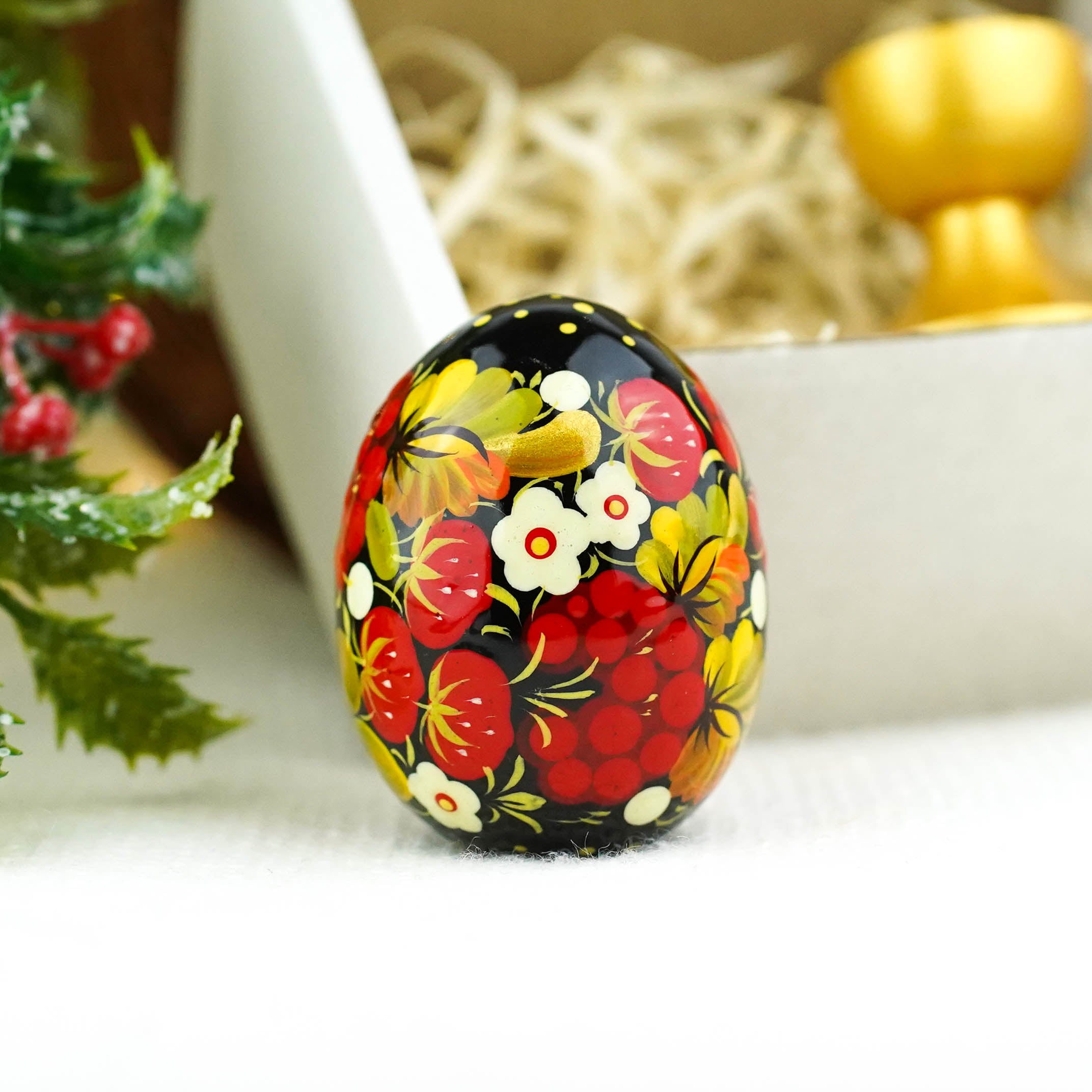 Hand-painted wooden Strawberry Easter egg - Ukrainian pysanky egg